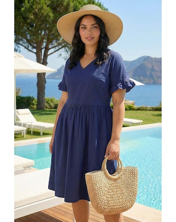 Roman Curve Cotton V-Neck Frill Dress