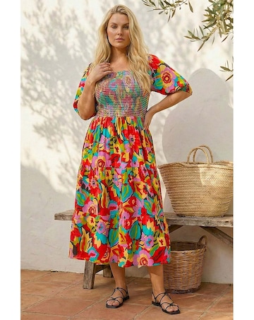 Roman Curve Floral Shirred Midi Dress