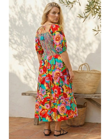 Roman Curve Floral Shirred Midi Dress