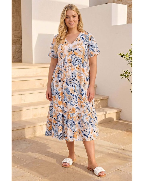 Roman Curve V-Neck Tiered Dress