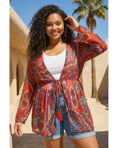 Roman Curve Paisley Tie Front Kimono
