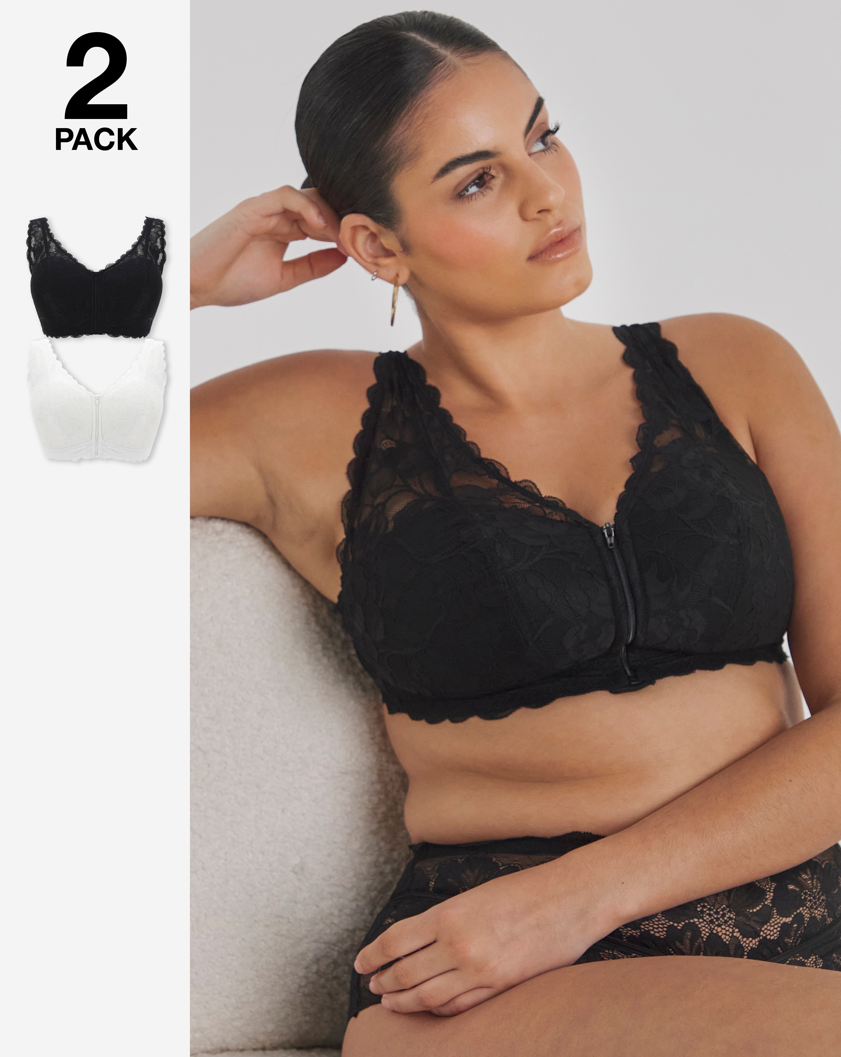2 Pack Zip Front Lace Trim Comfort Bras