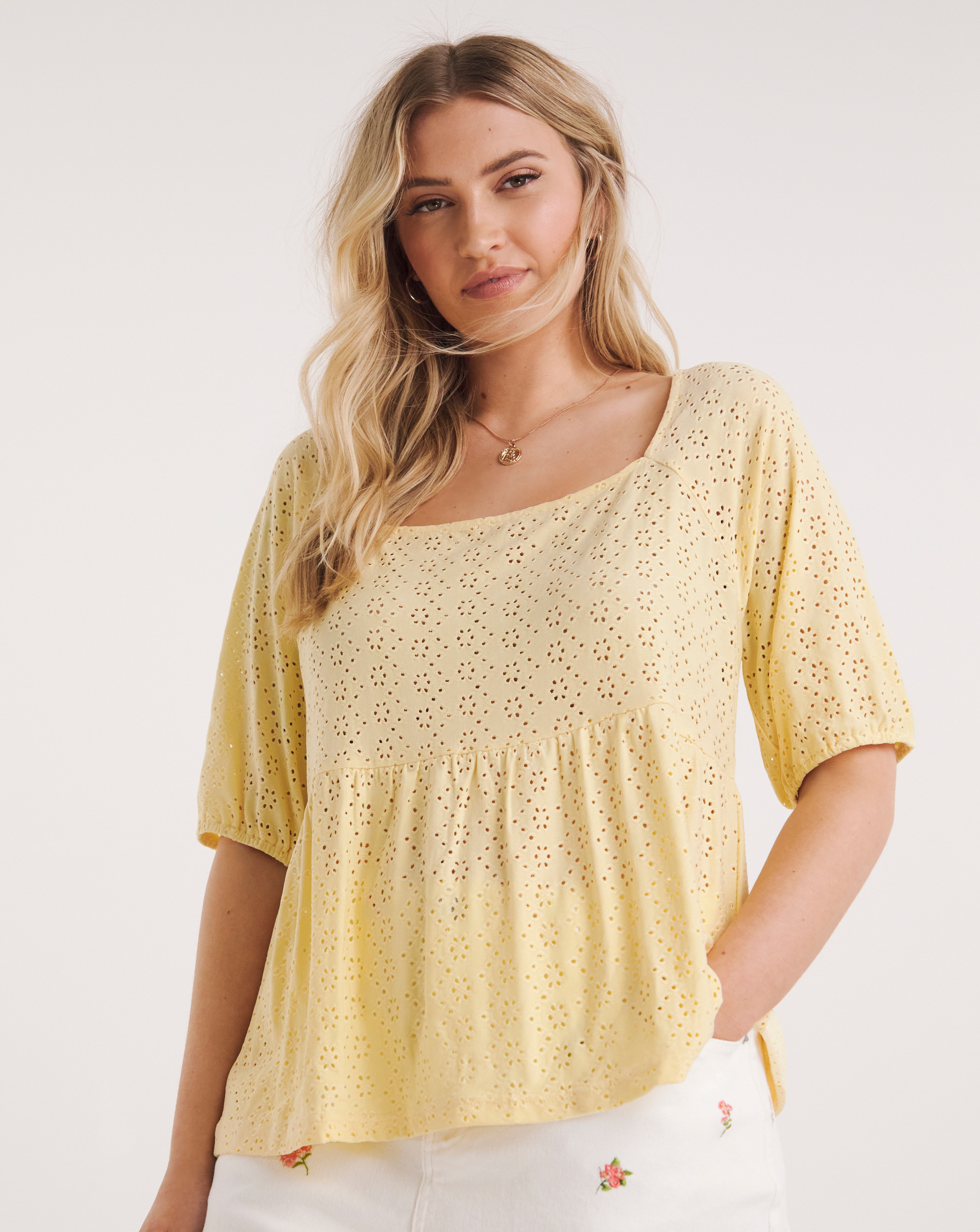 Simply Be Lemon Broderie Square Neck Top