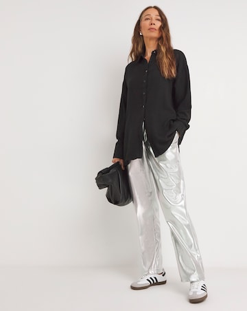 Womens Textured Oversized Long Sleeve Shirt - Black