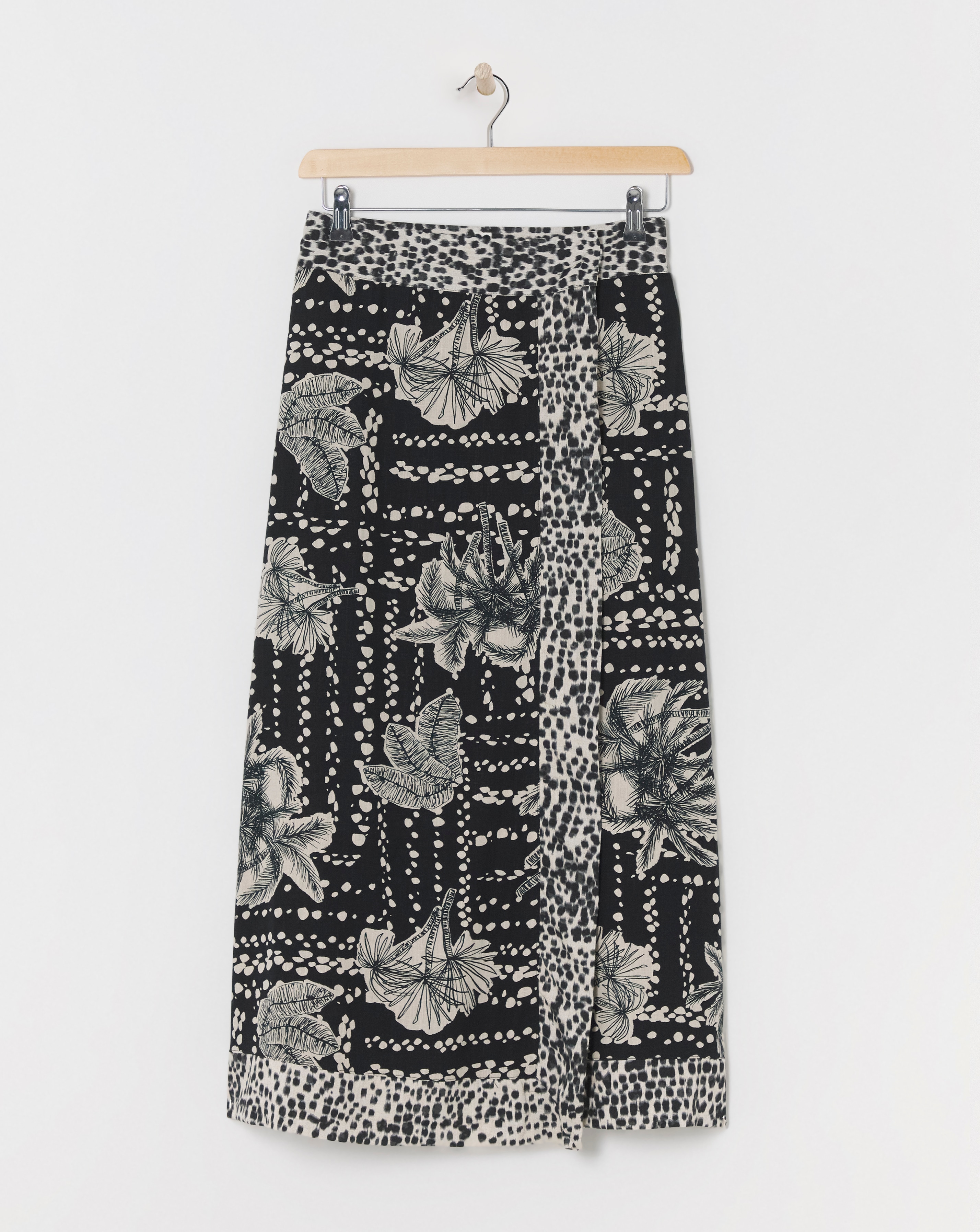 Border Print Linen Mix Midi Wrap Skirt