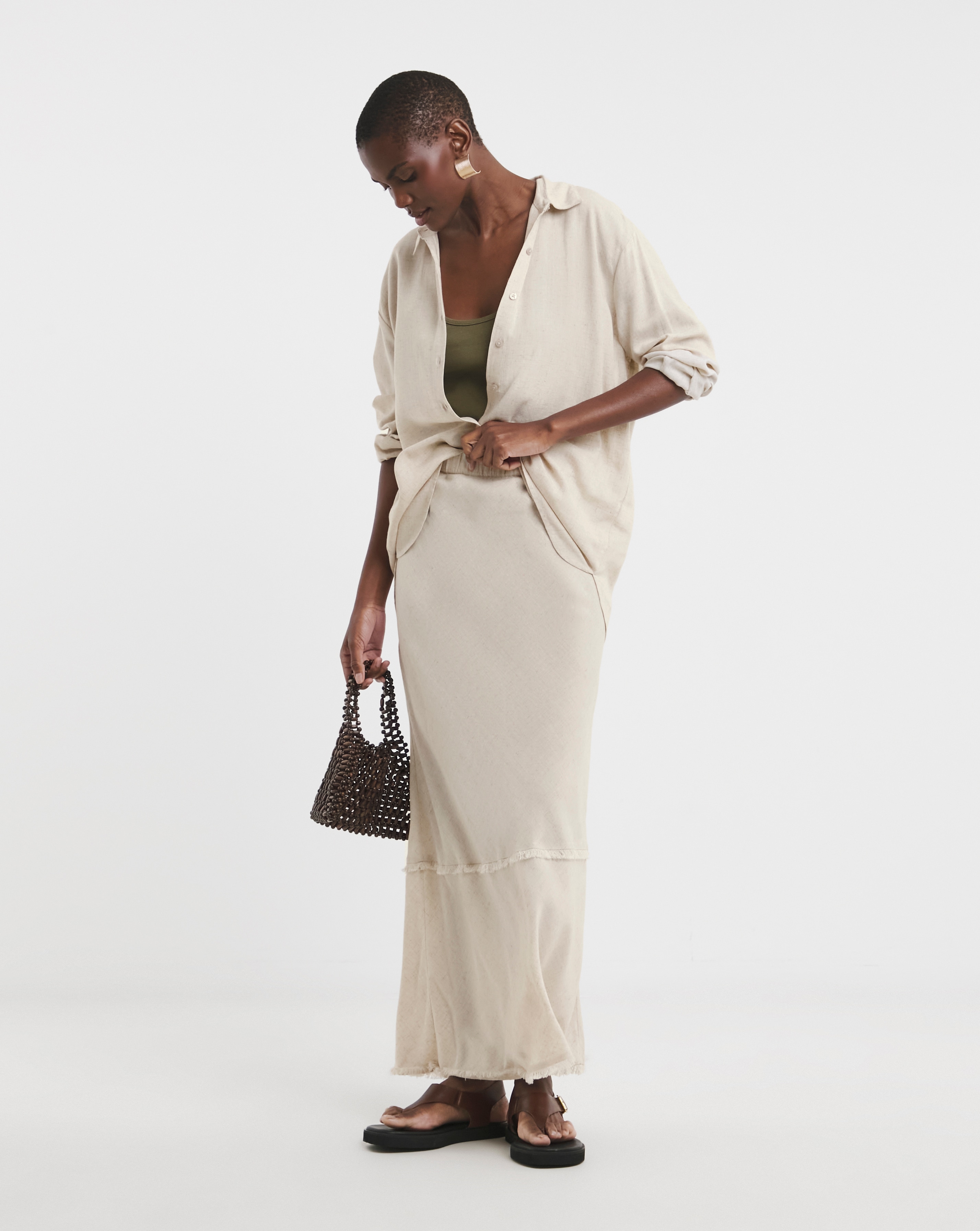Linen Mix Frayed Hem Skirt