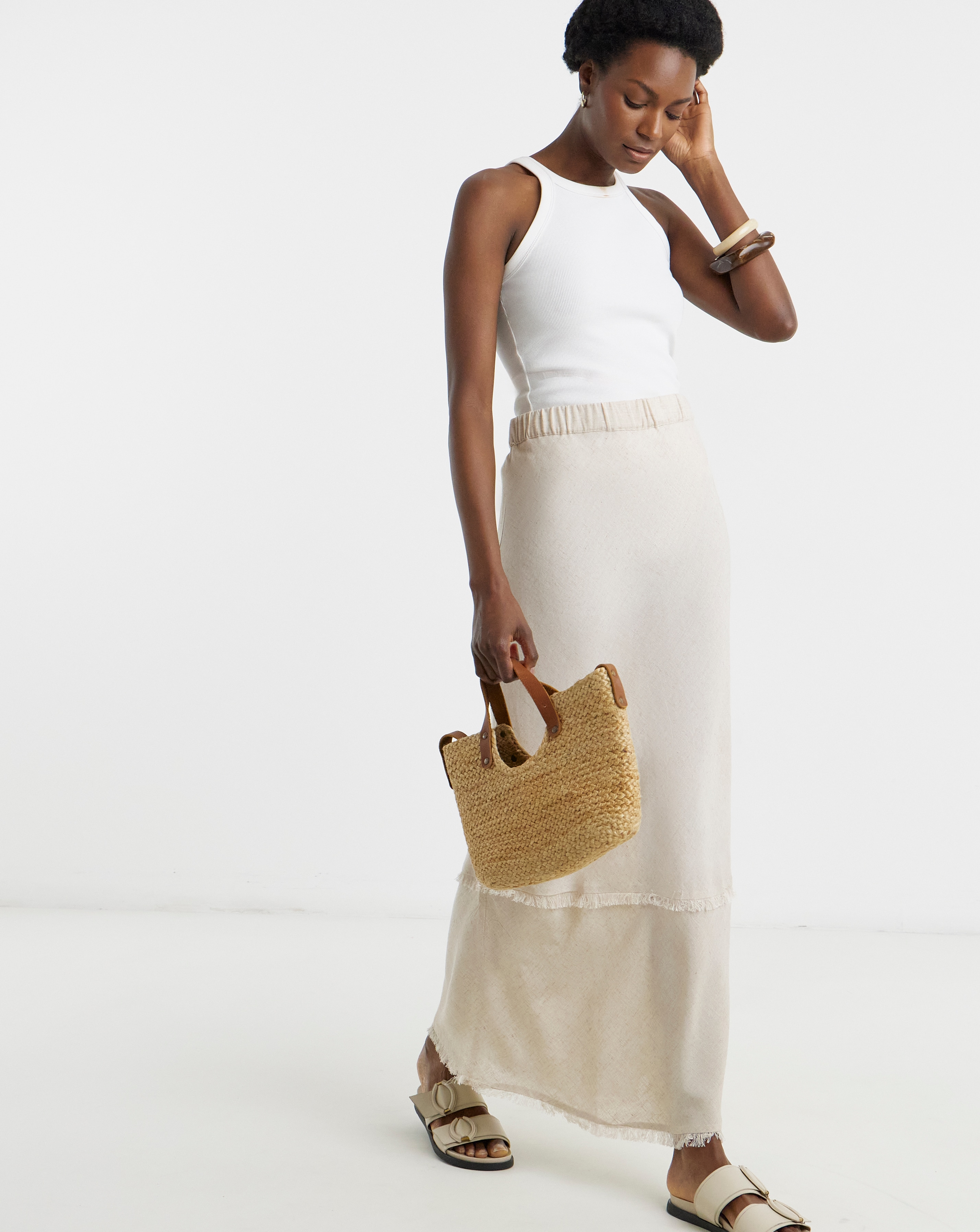 Linen Mix Frayed Hem Skirt