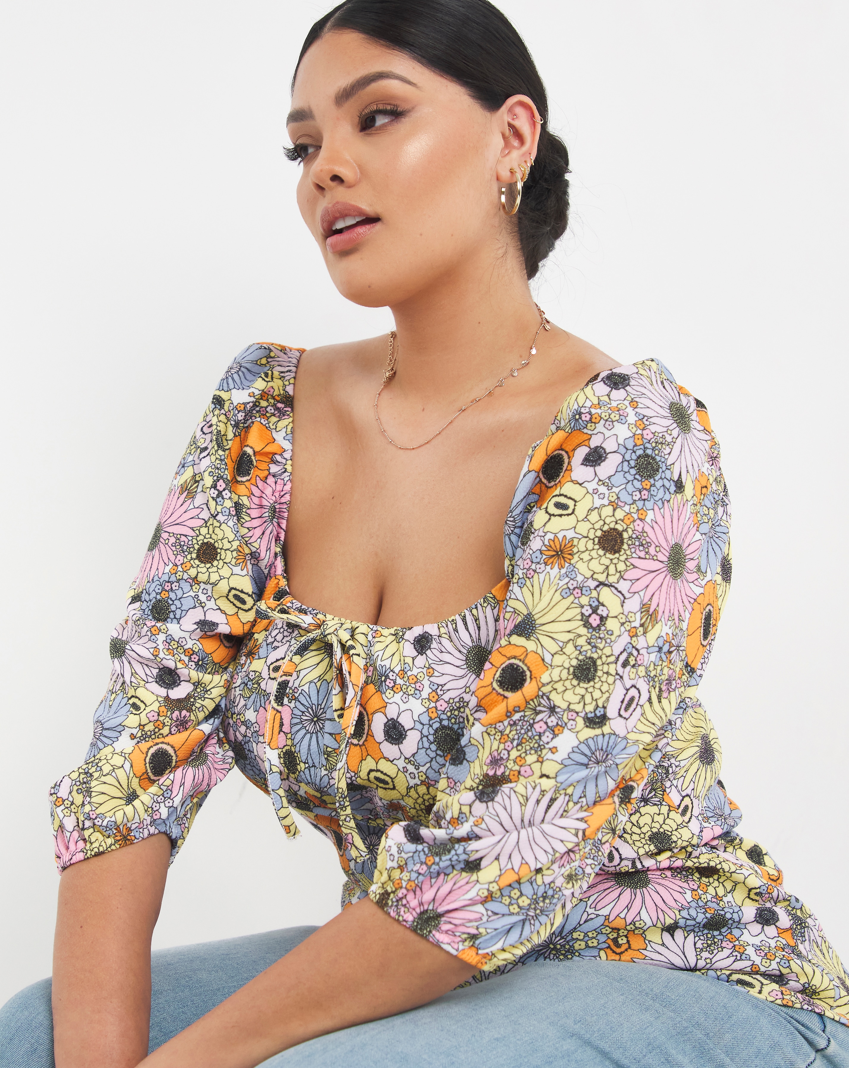 Square Neck Balloon Sleeve Floral Top