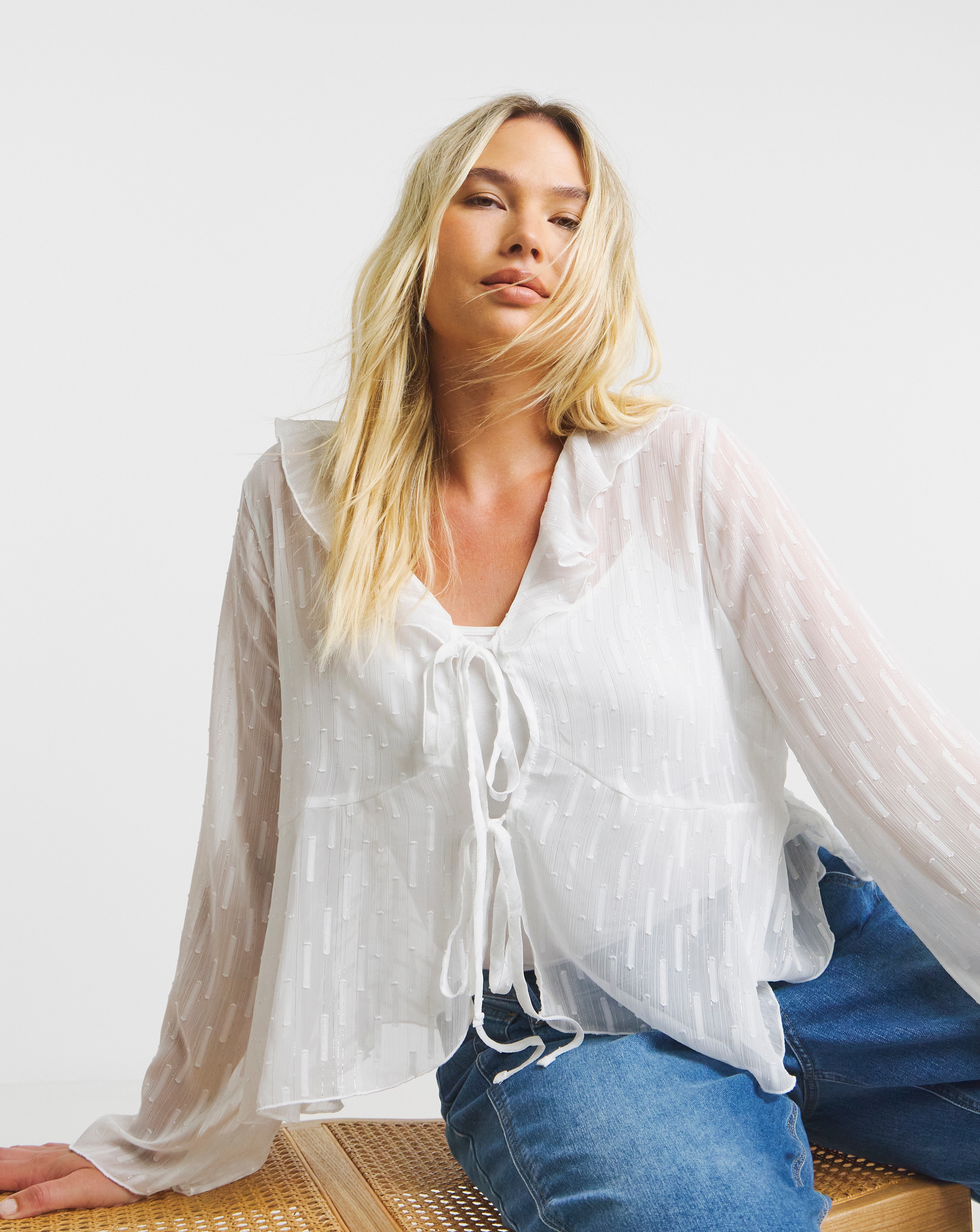 Flute Sleeve Ruffle Sheer Blouse