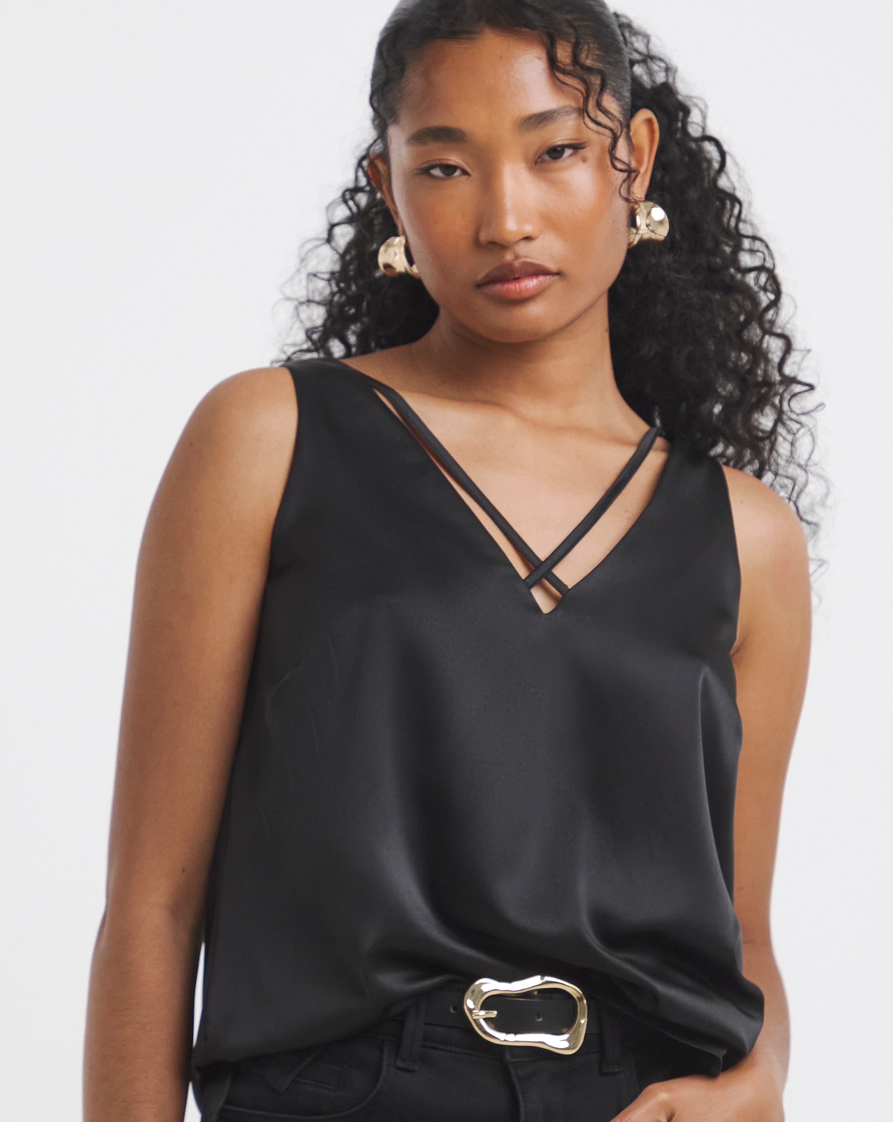 Black Sleeveless Criss Cross Satin Cami