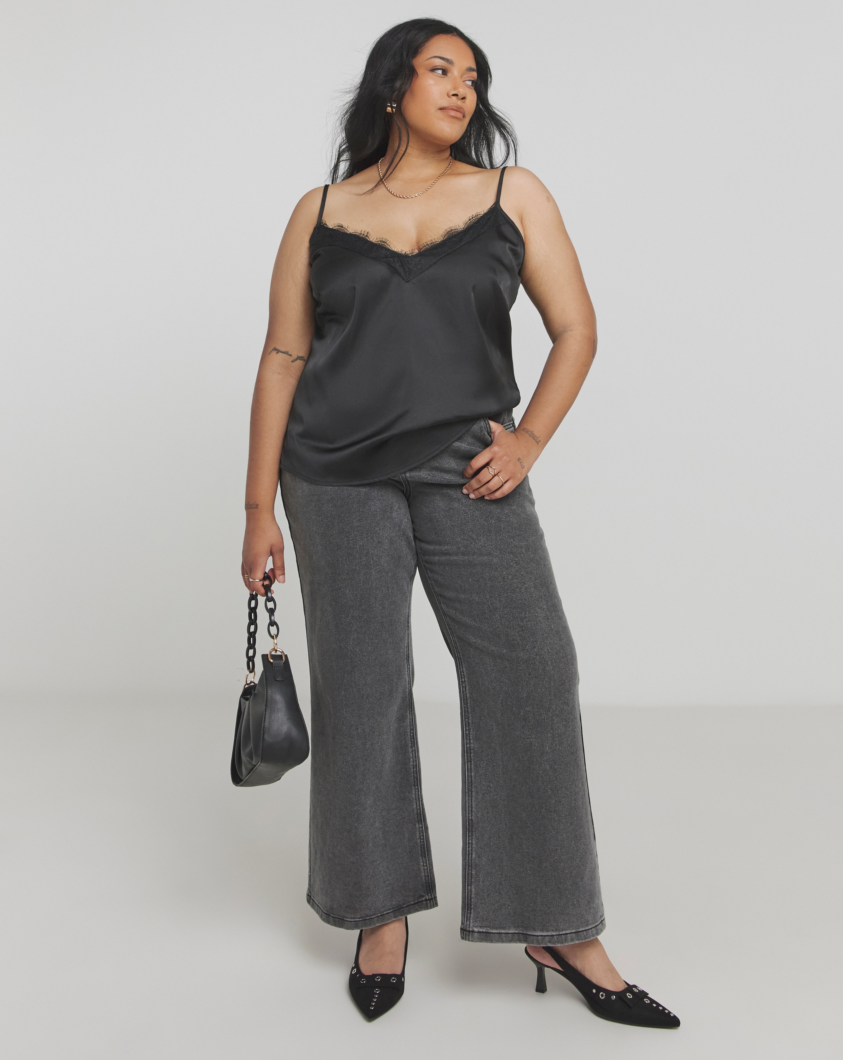 Black Lace Trim Satin Cami