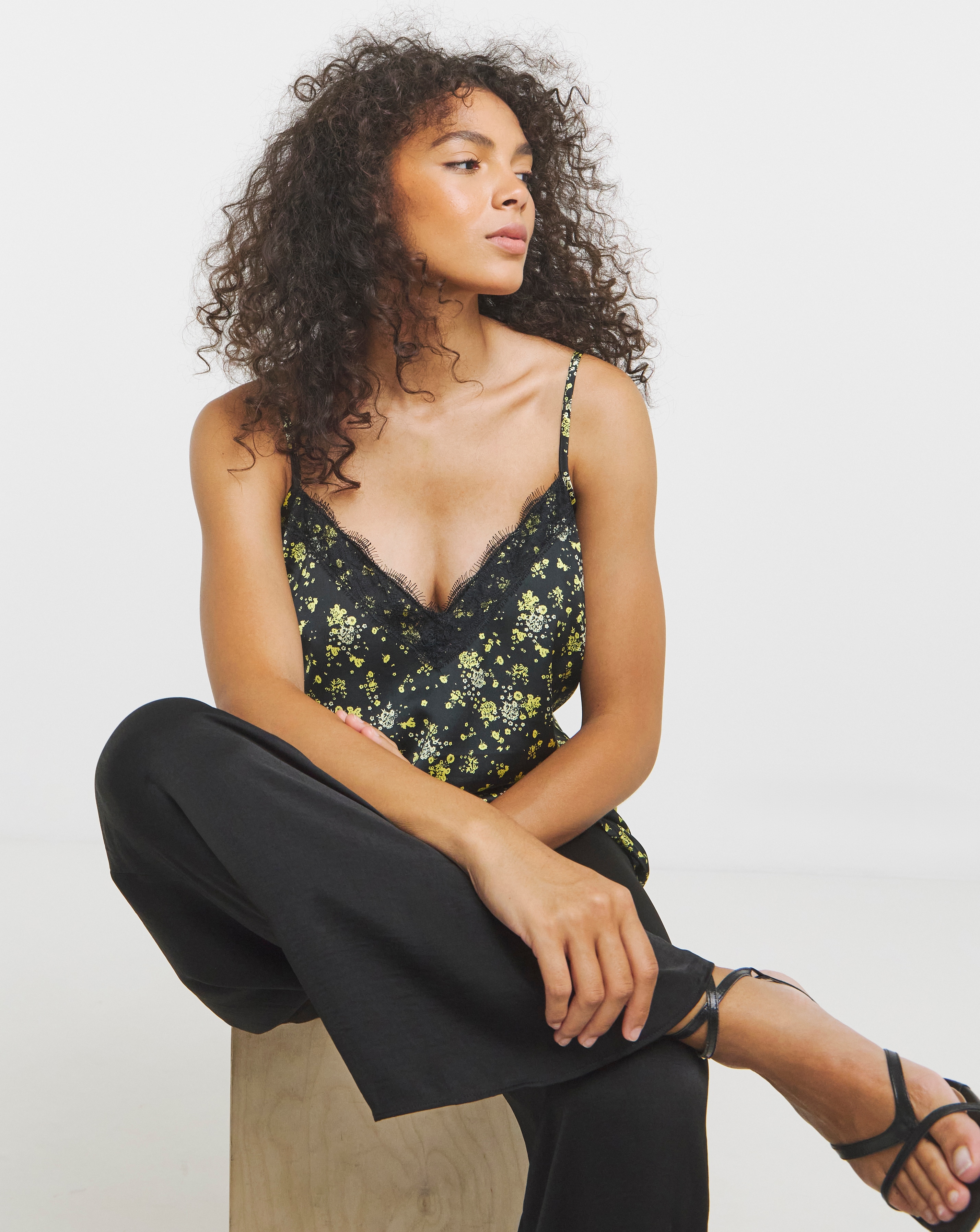 Yellow Ditsy Lace Trim Satin Cami