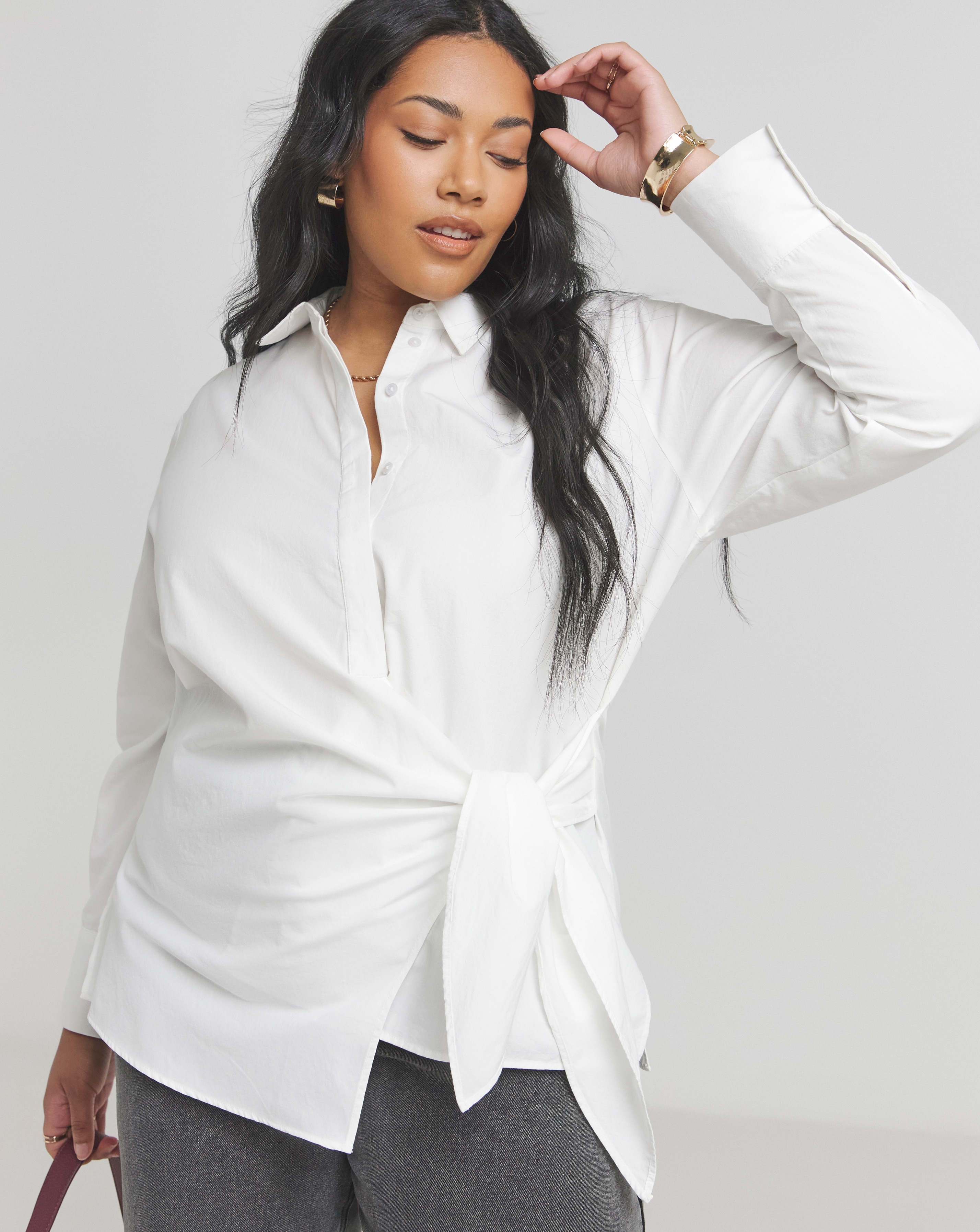 White Poplin Knot Front Shirt