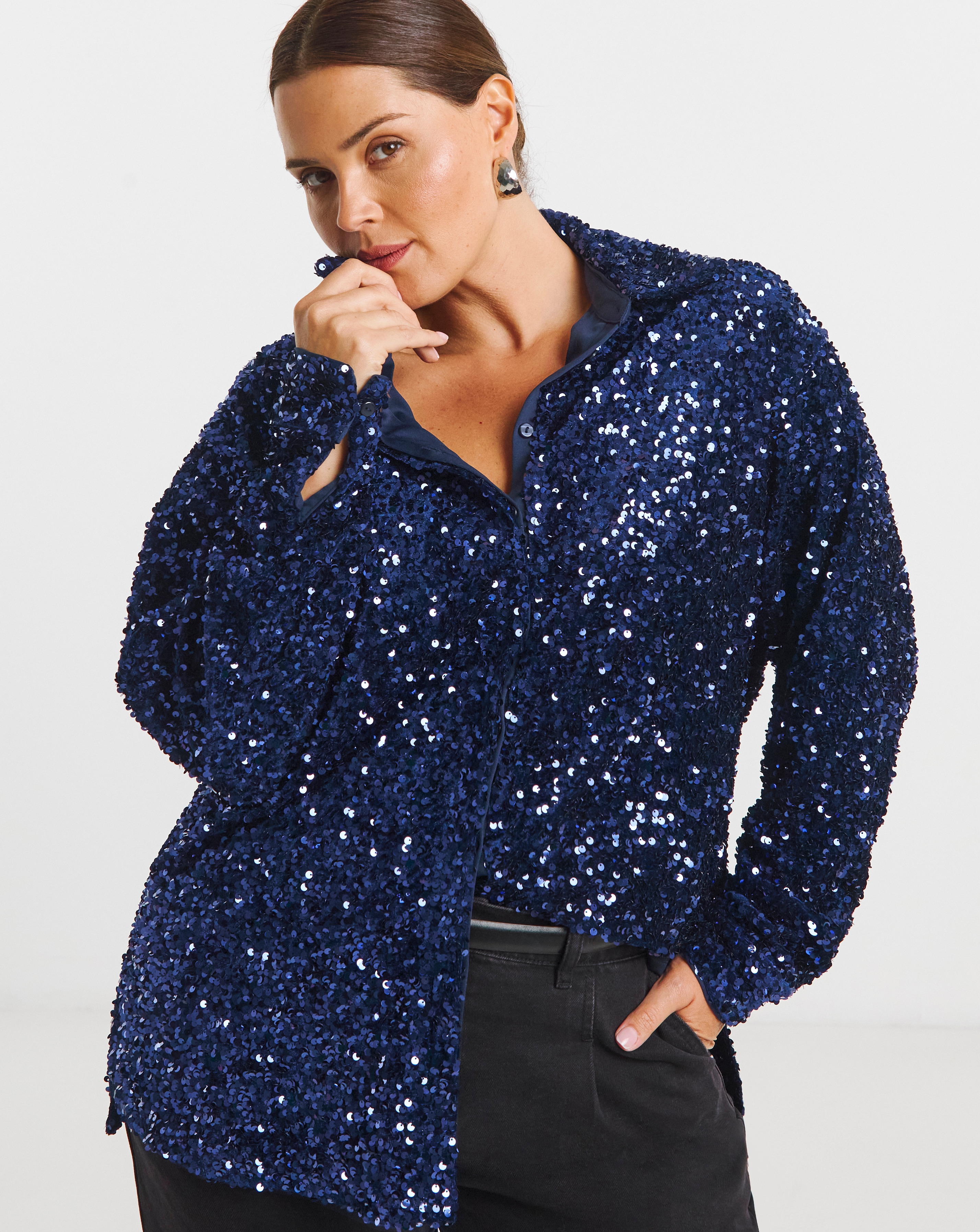 New In - Navy Blue Oversized Sequin Shirt