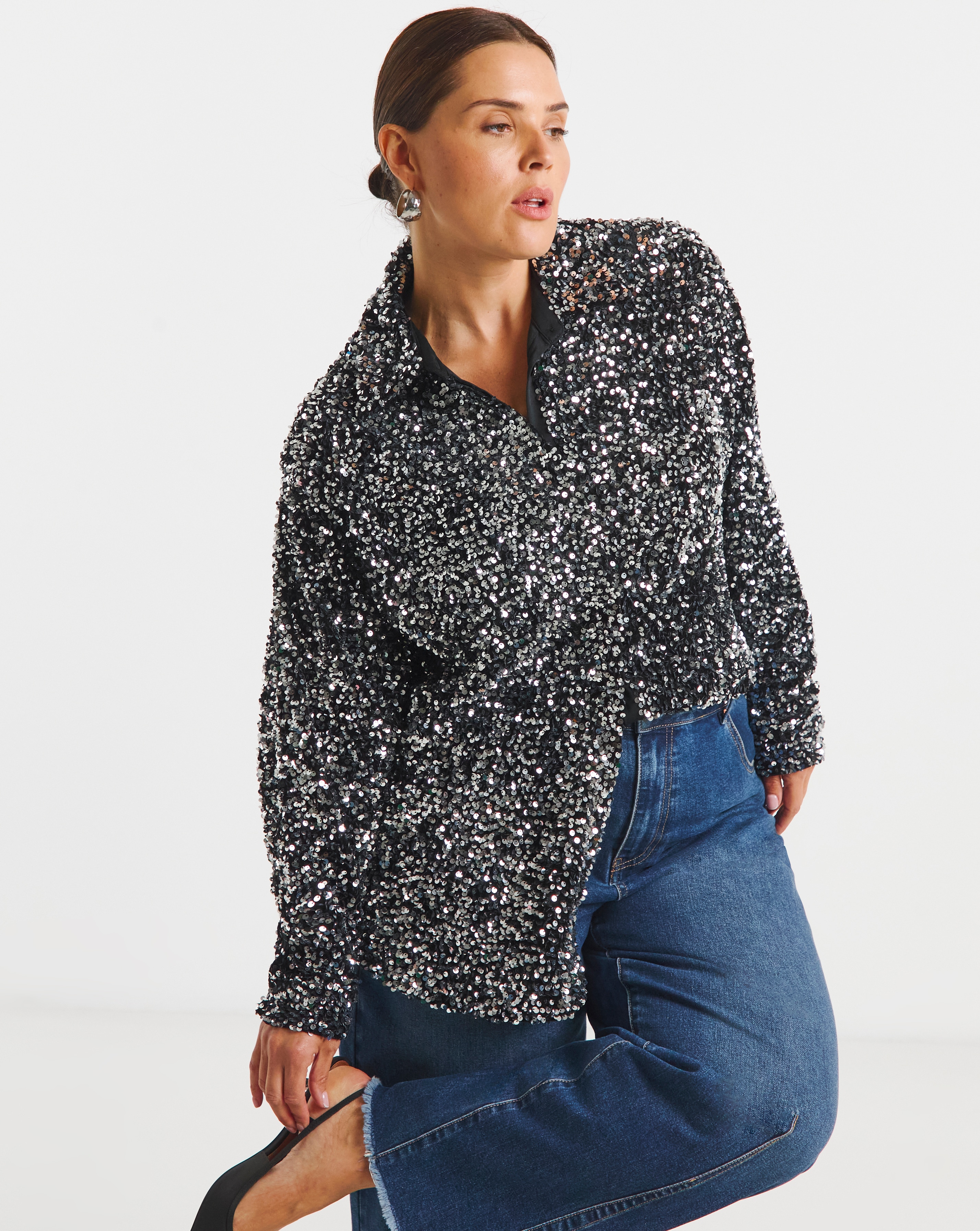 New In - Gunmetal Oversized Sequin Shirt