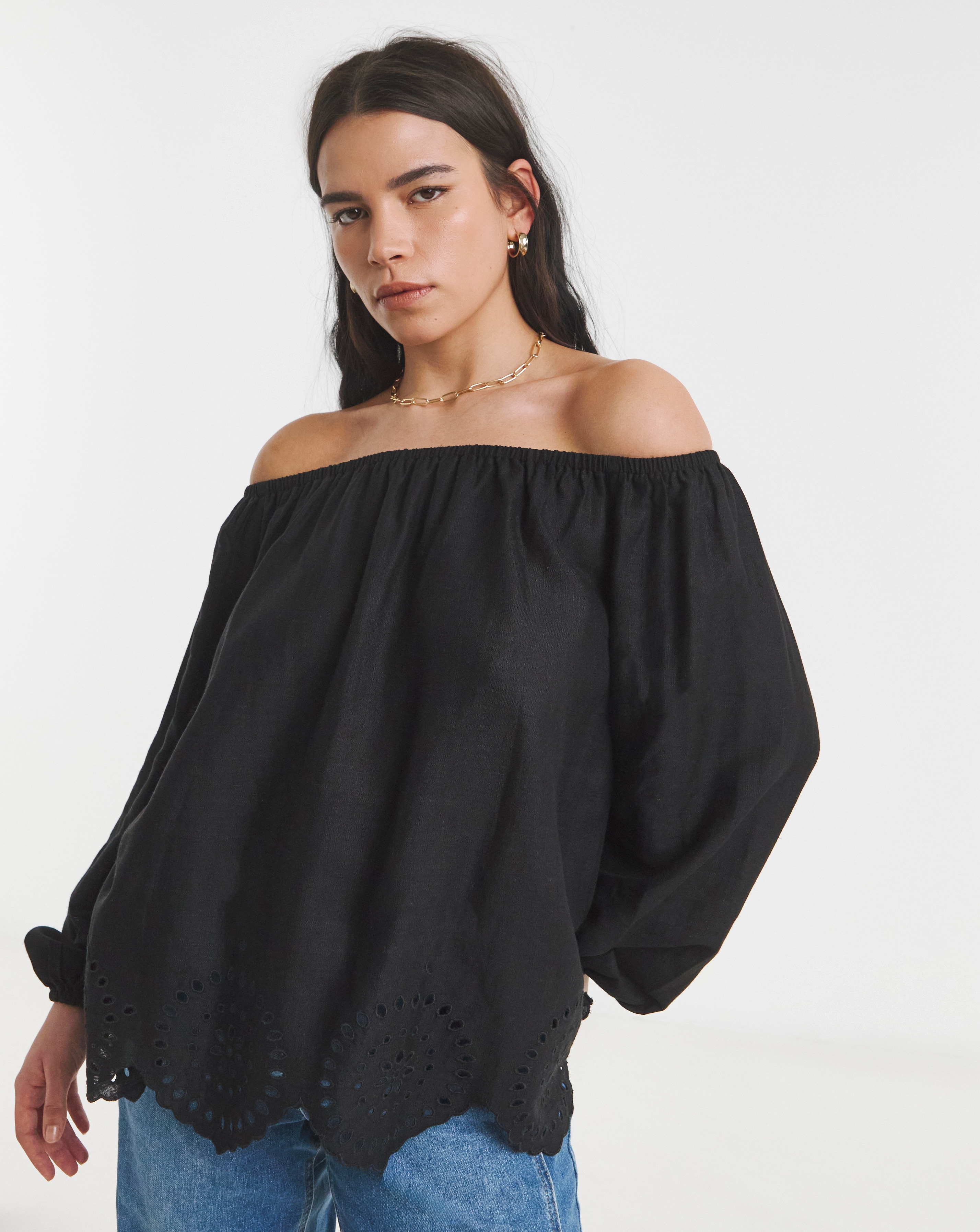 Black Cutwork Linen Blend Bardot