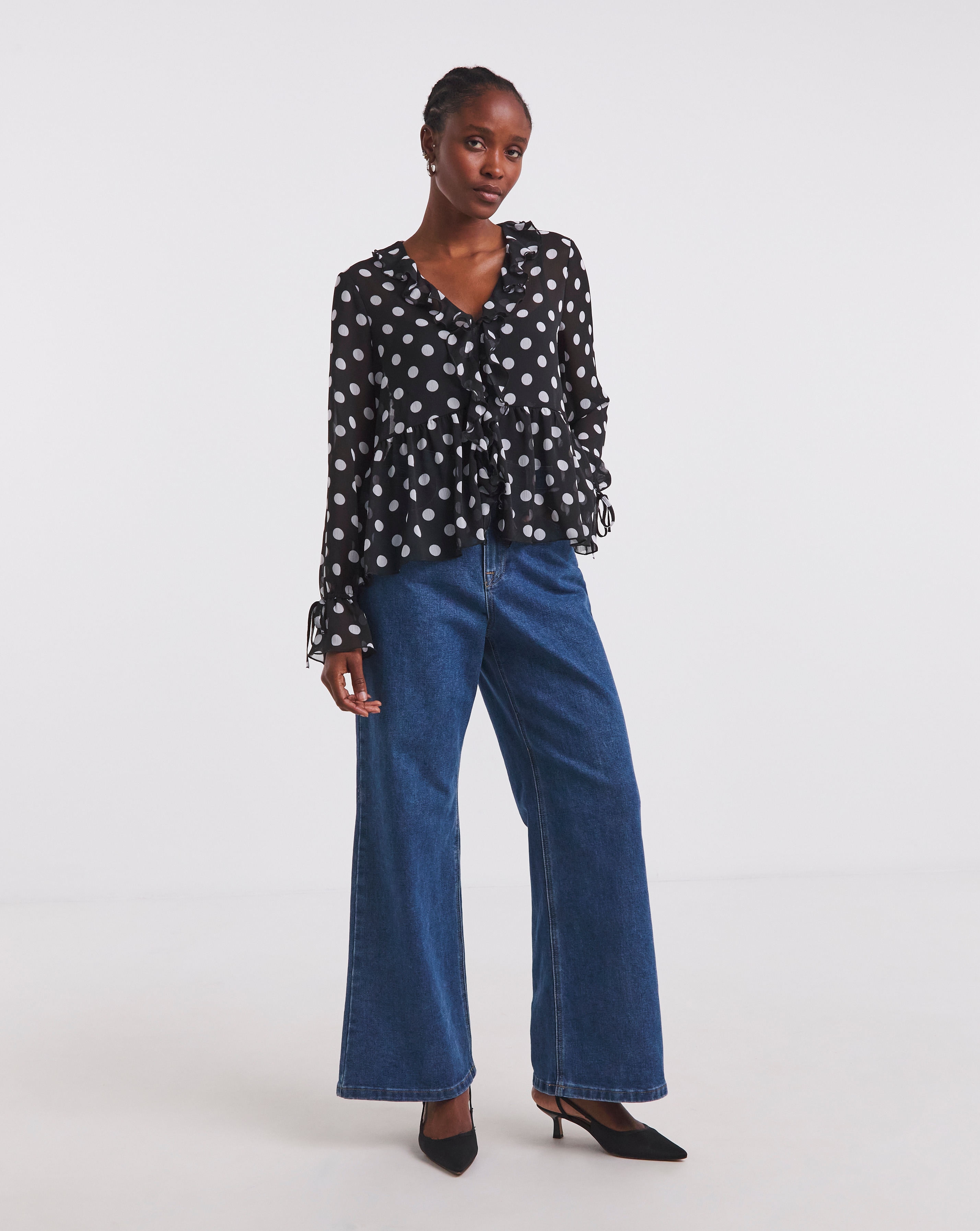 Spot Print Ruffle Front Blouse