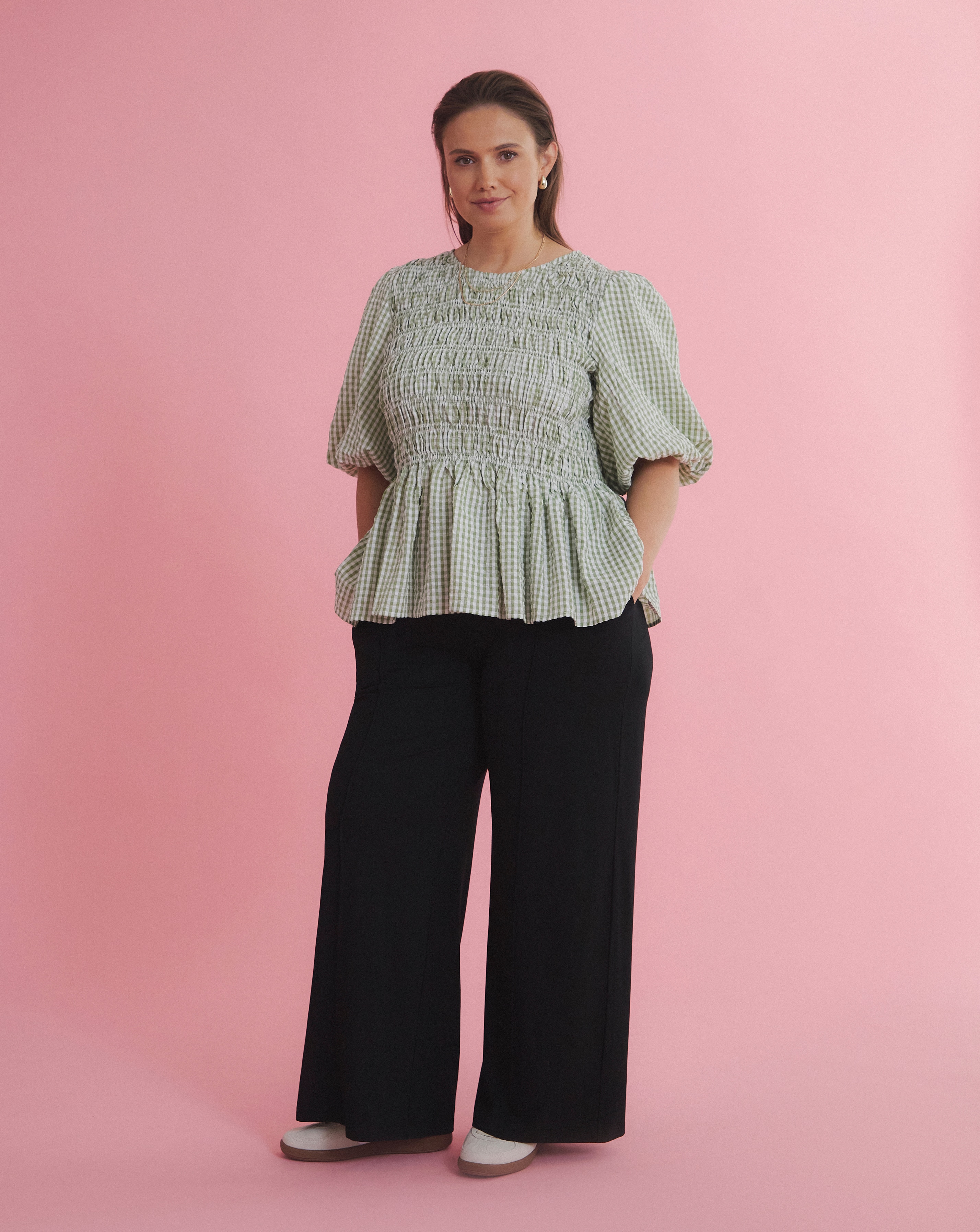 Gingham Shirred Peplum Blouse