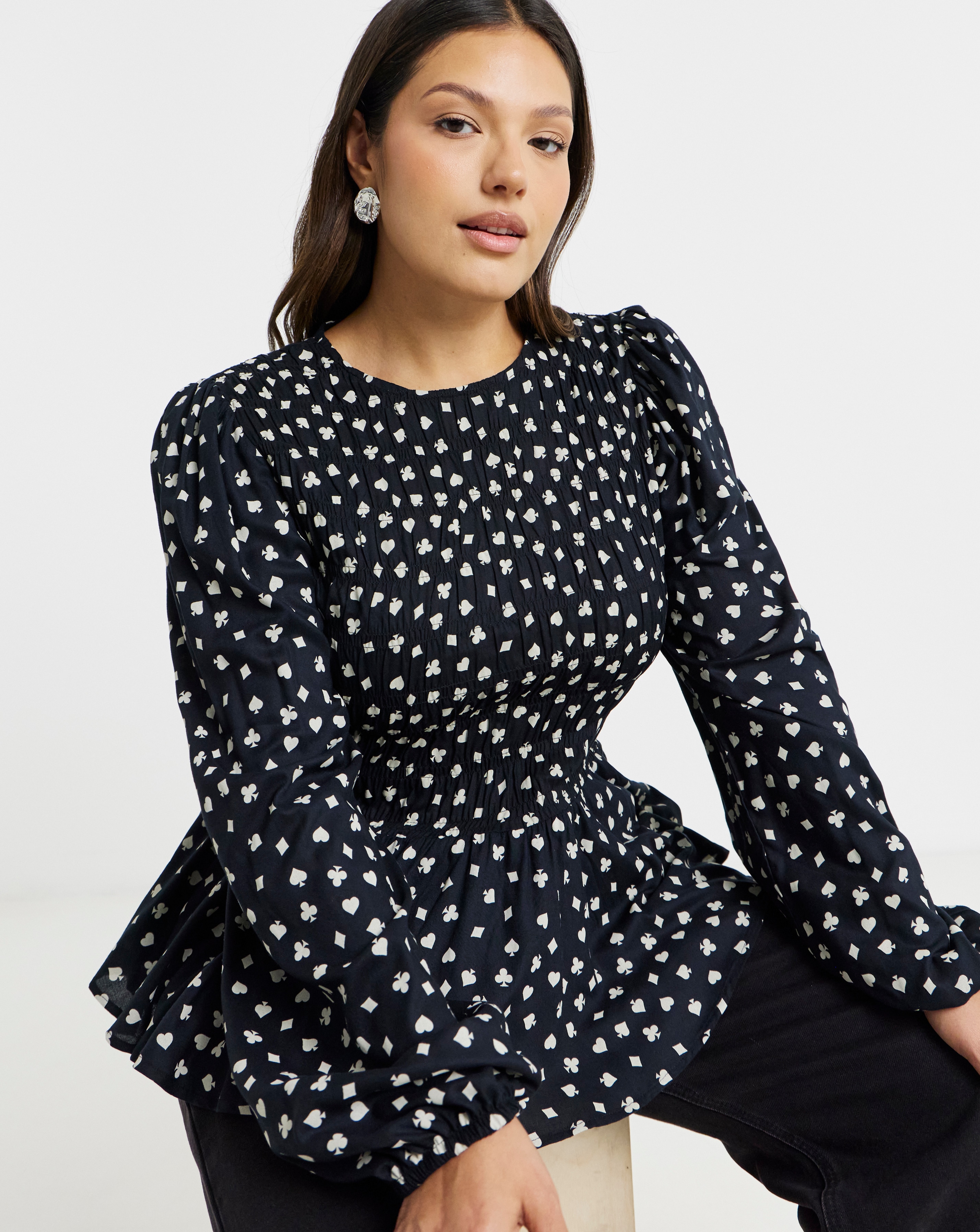 Long Sleeve Shirred Top