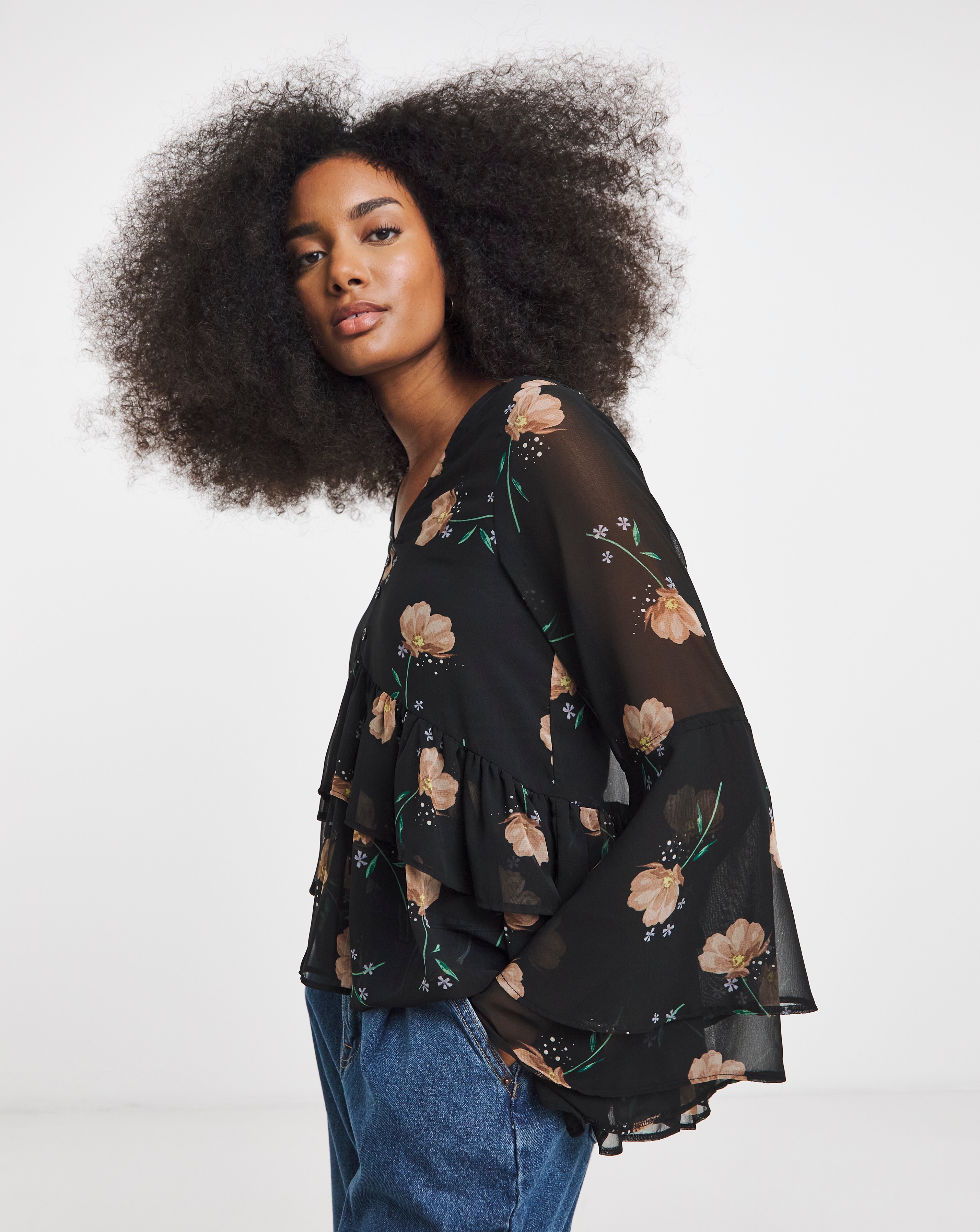 New In - Black Floral Georgette Historical Blouse