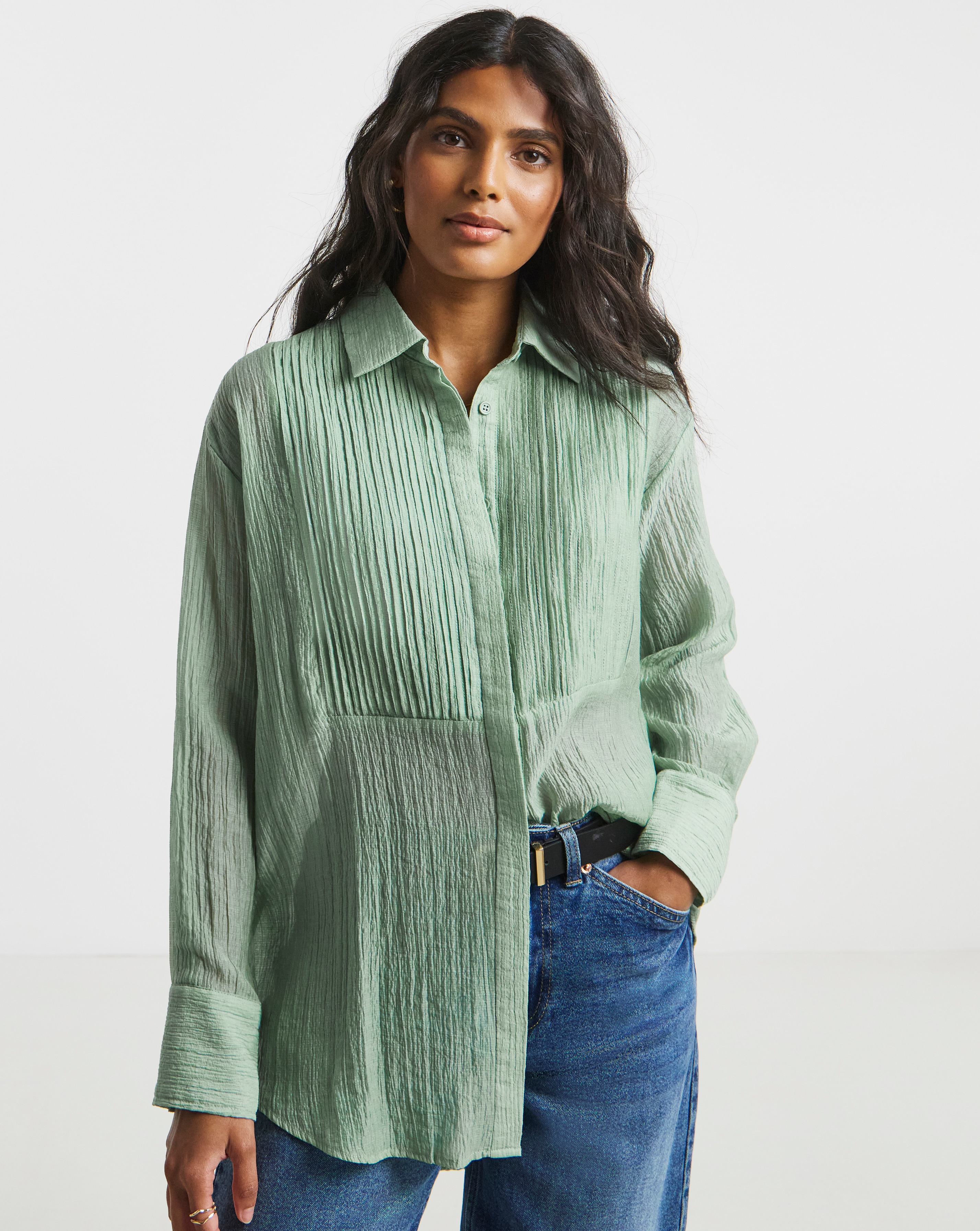 Sage Pintuck Tuxedo Shirt