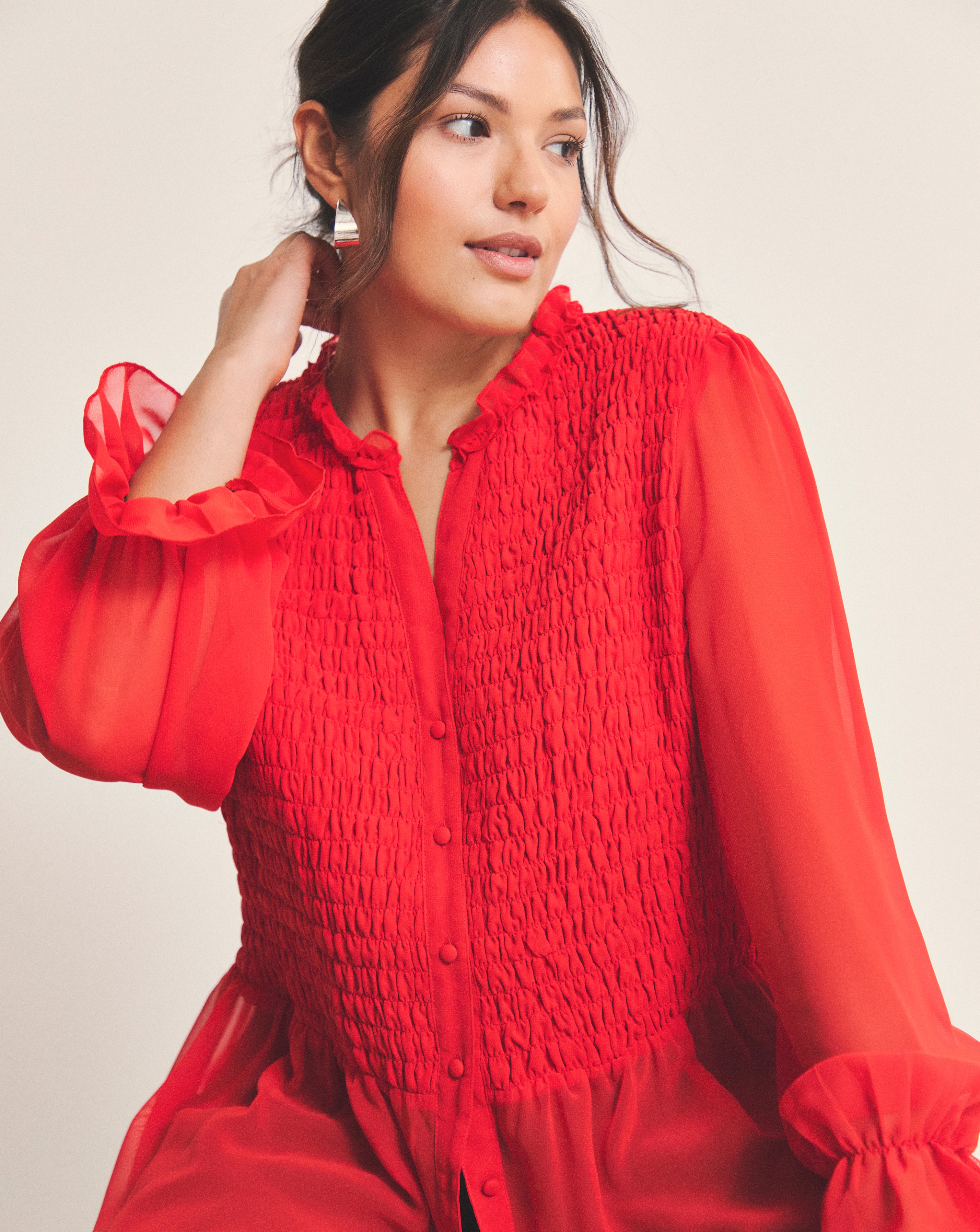 New In - Red Shirred Georgette V-Neck Blouse