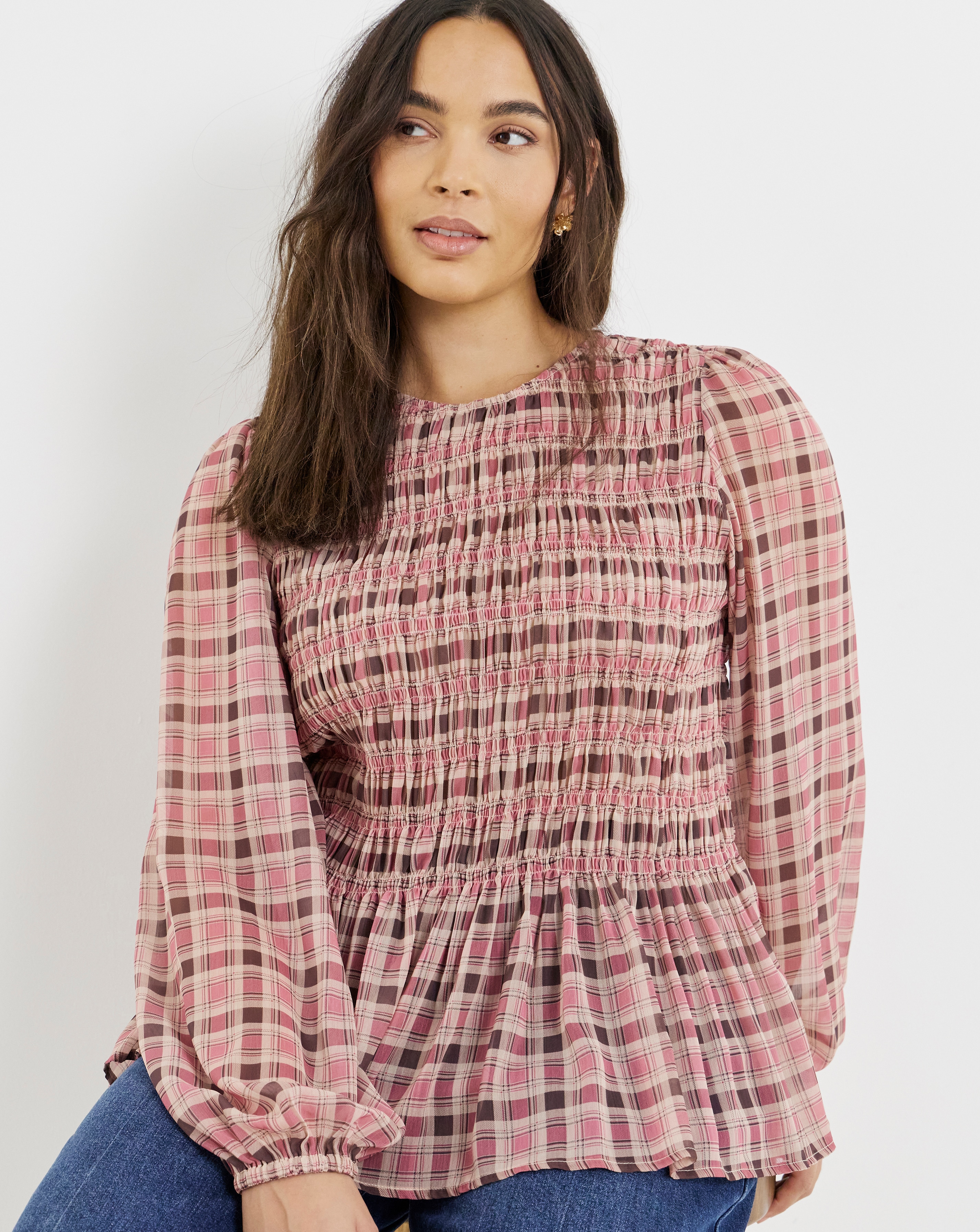 Simply Be Pink Check Puff Sleeve Shirred