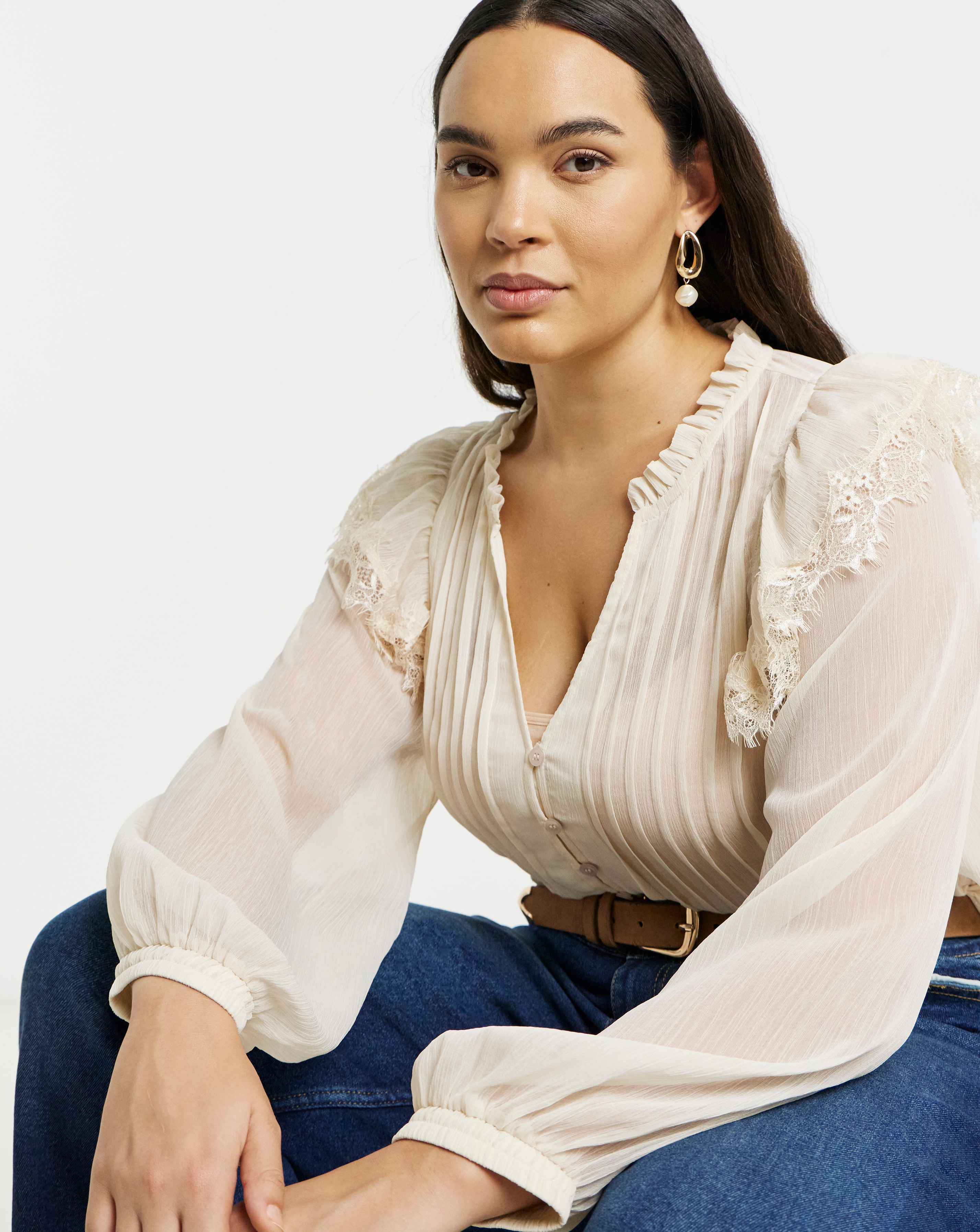 New In - Lace Trim Chiffon Tuxedo Detail Blouse