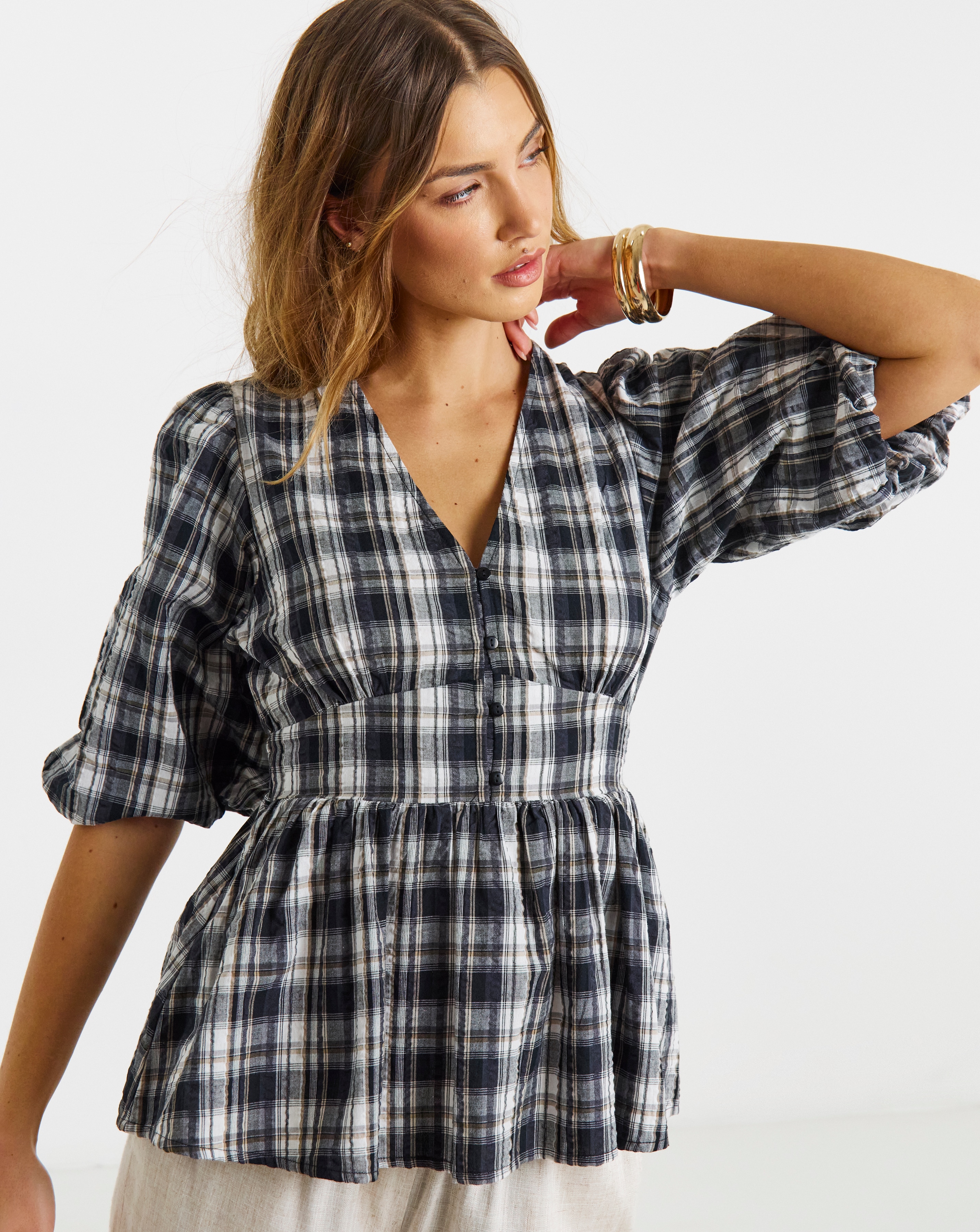 Brushed Cotton Puff Sleeve Tea Blouse