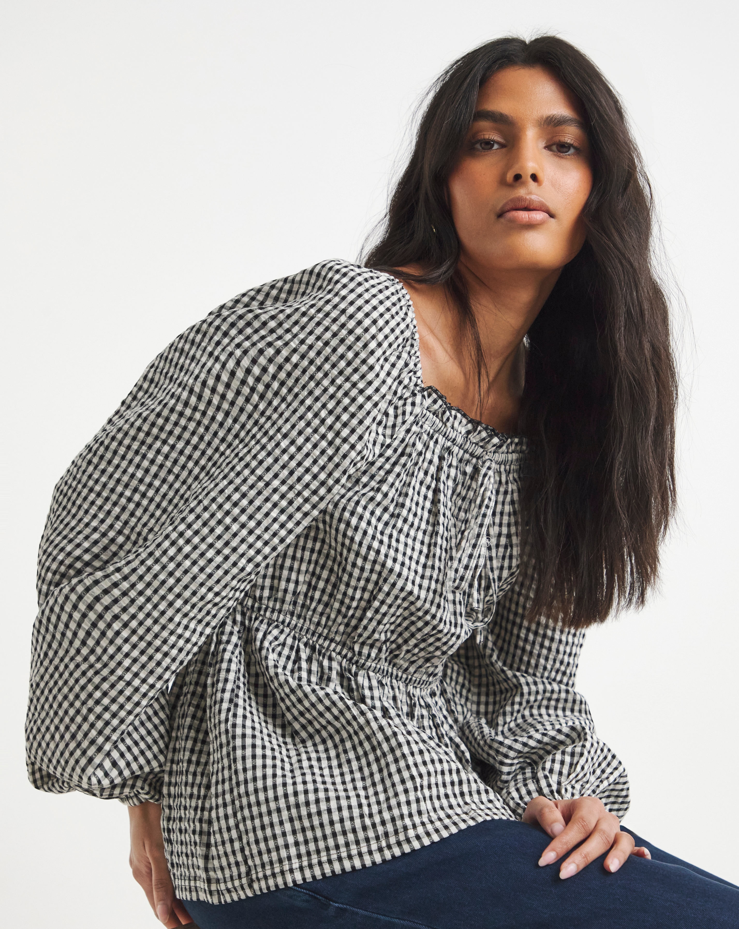 New In - Seersucker Gingham Square Neck Blouse