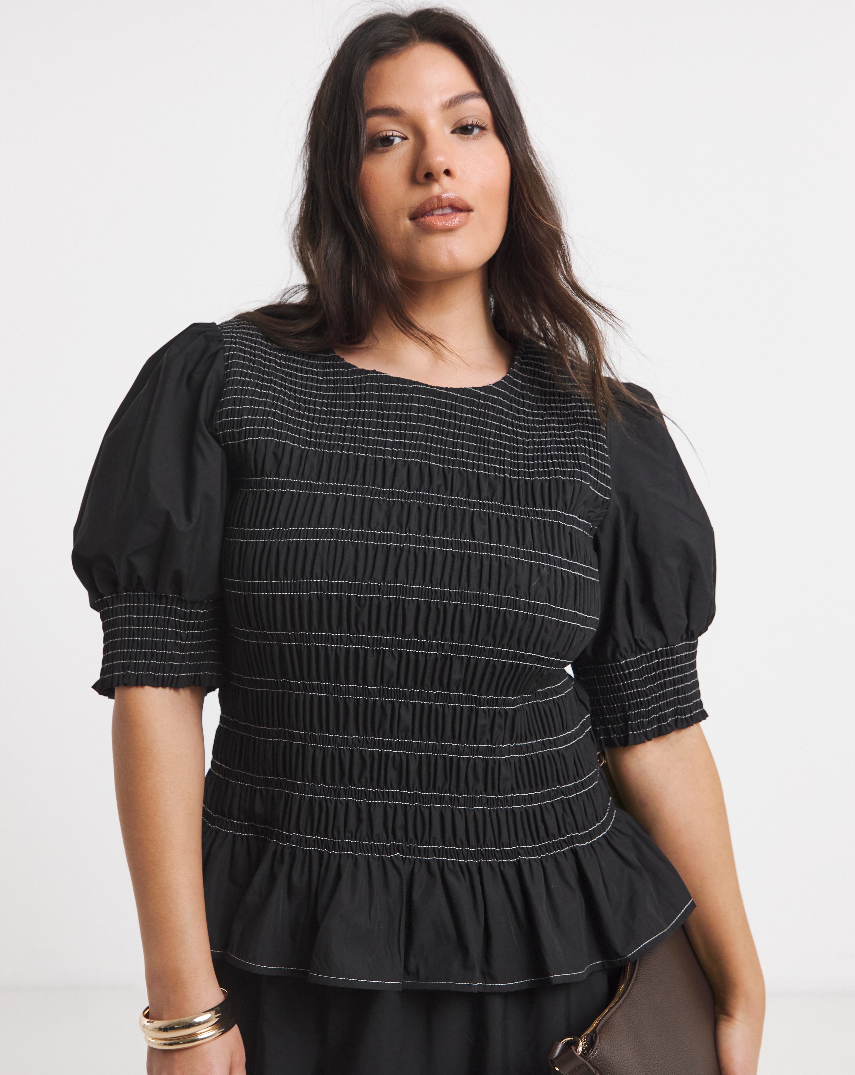 Black Smocked Poplin Blouse