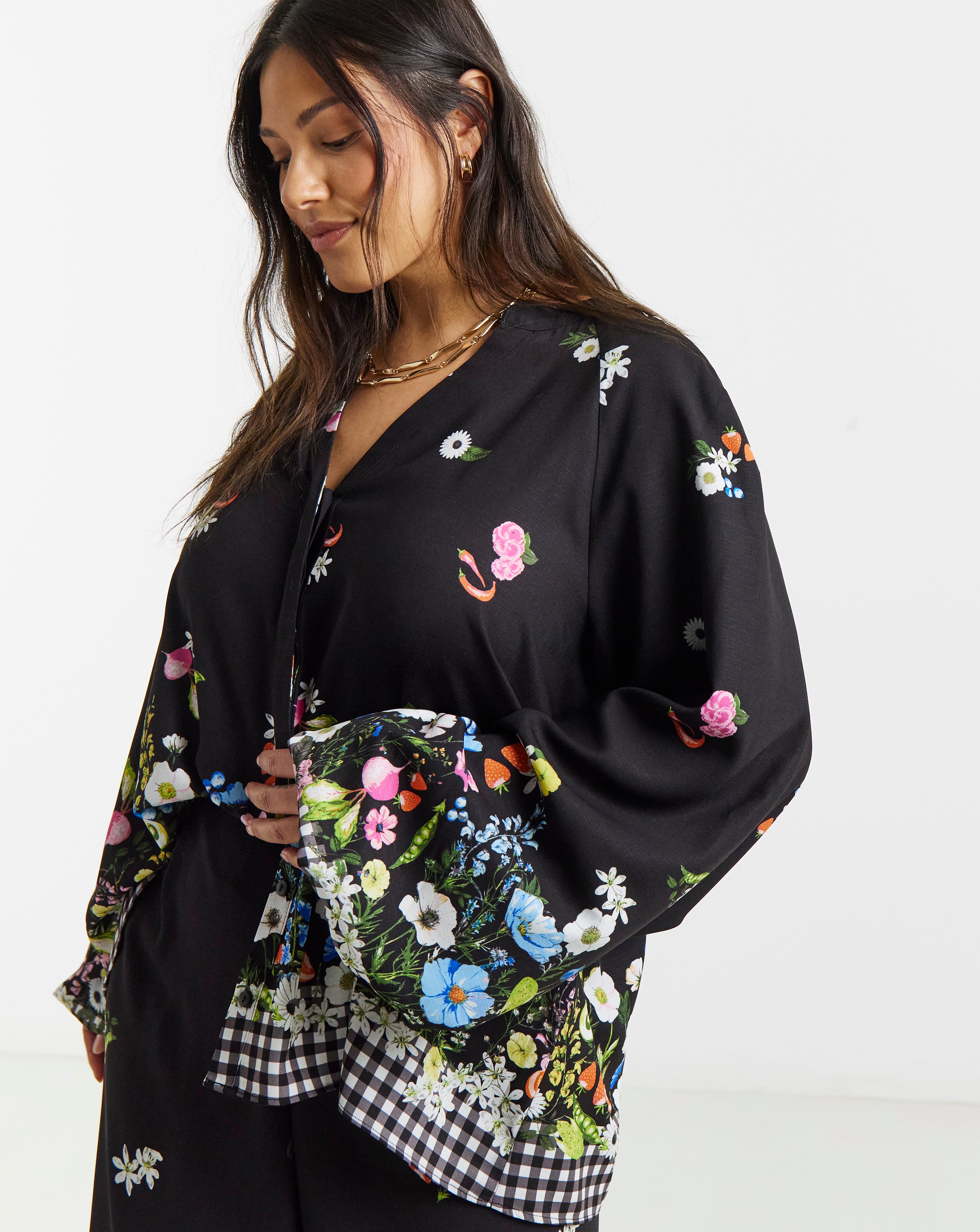 Gingham Puff Sleeve Button Down Blouse