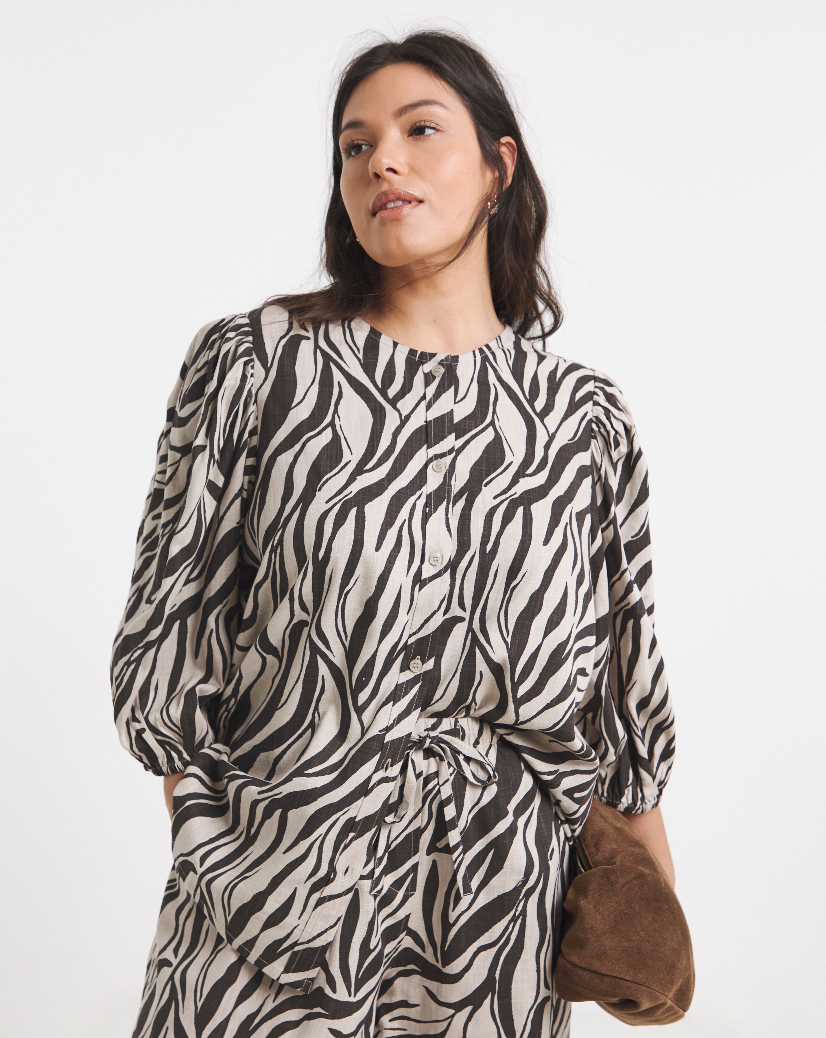 Zebra Puff Sleeve Button Down Linen Top