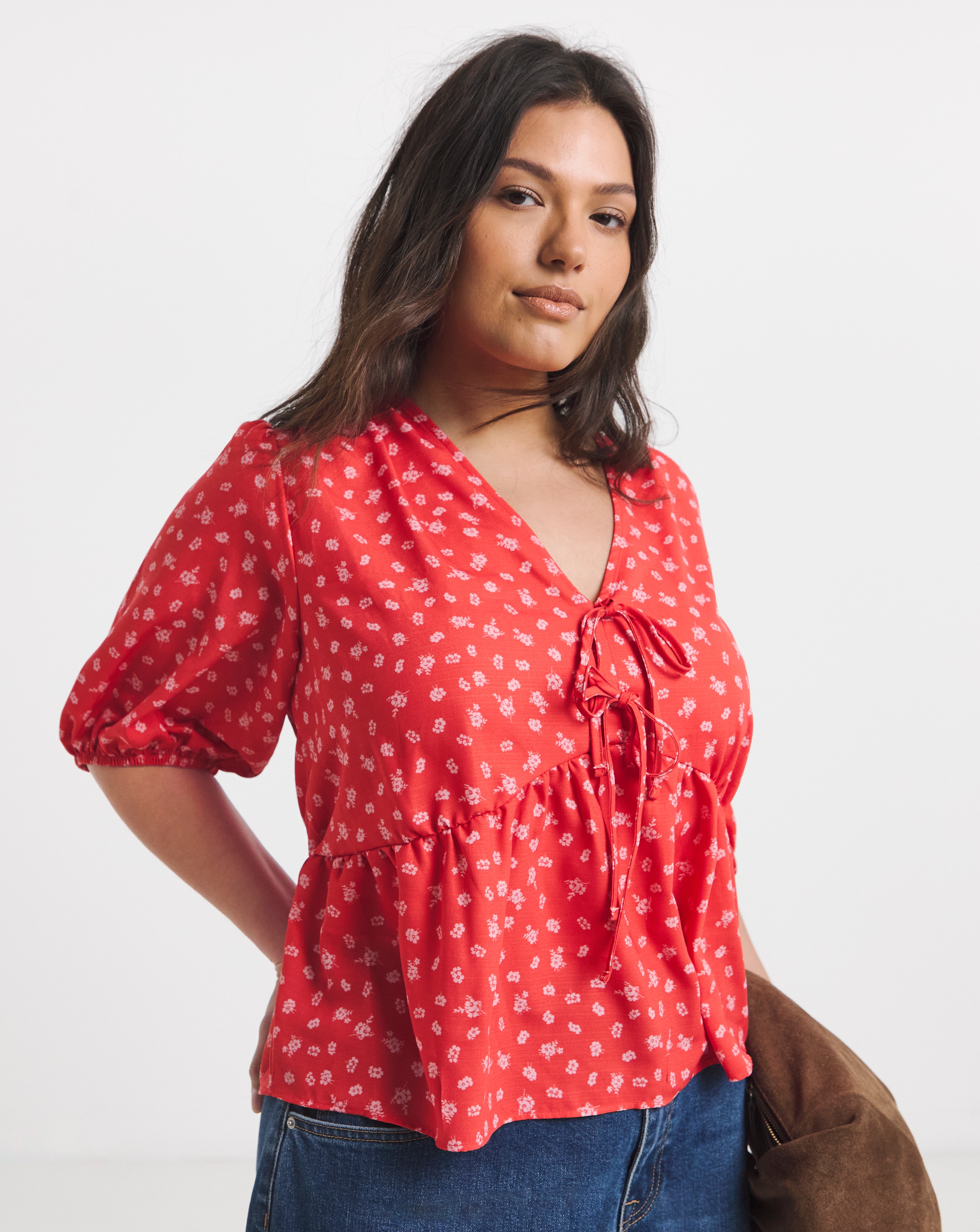 Red Print Poly Slub Tea Blouse