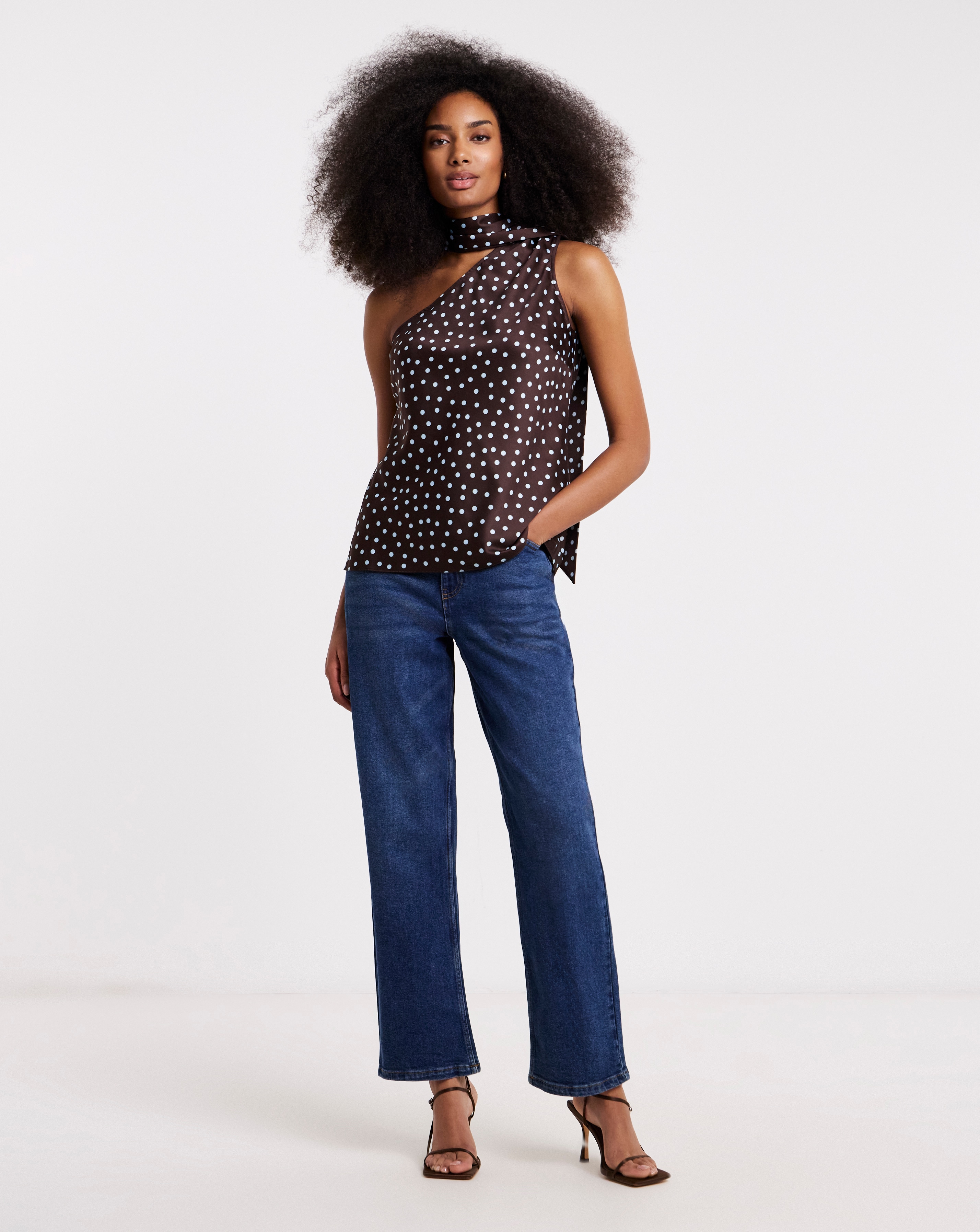 New In - Chocolate Spot Satin Scarf Neck Top