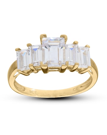 9ct Gold Five Emerald Cut Cubic Zirconia Ring