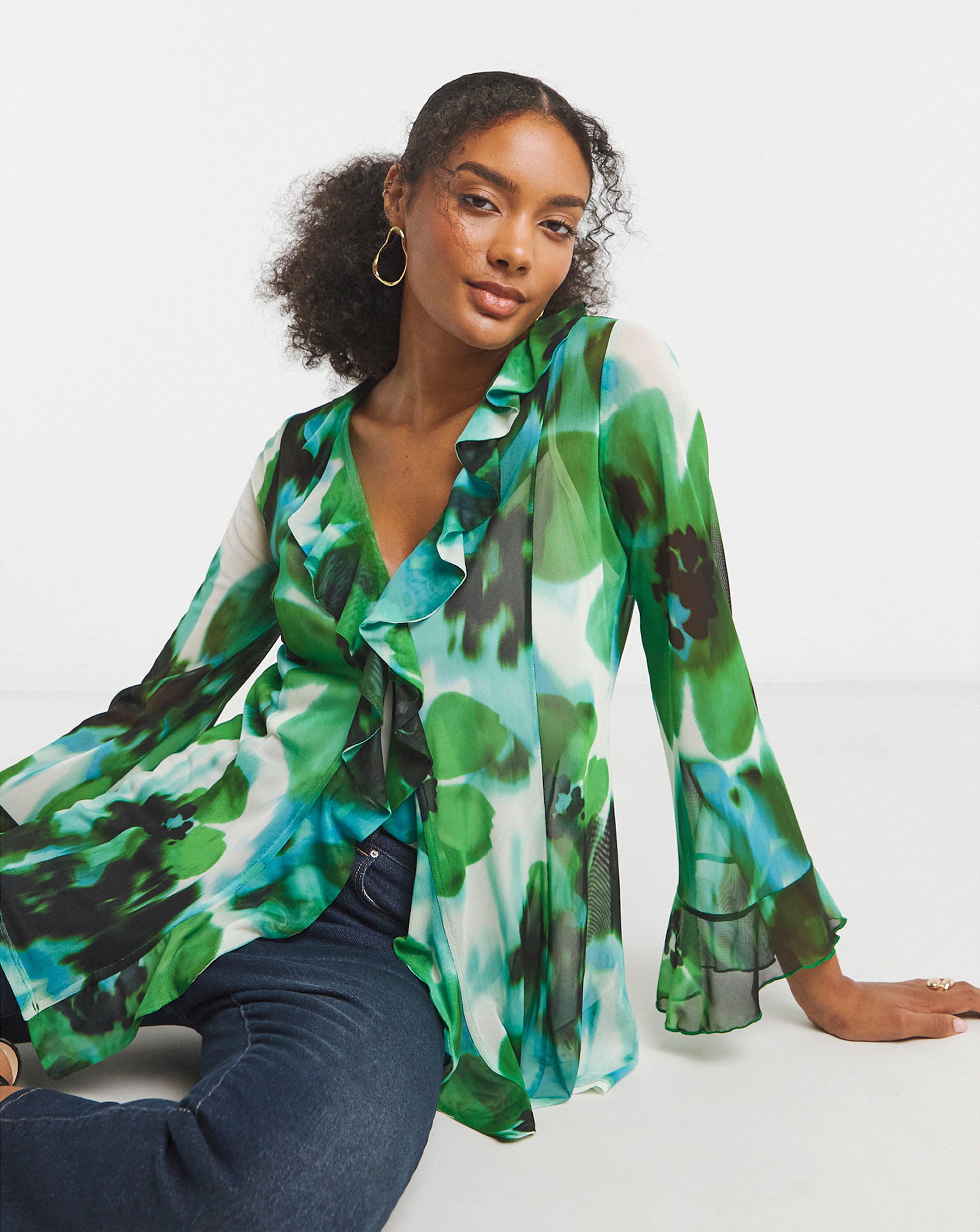 Joanna Hope Mesh Ruffle Blouse