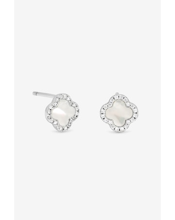 Simply Silver 925 Sterling Silver Pave Mother Of Pearl Clover Stud Earrings