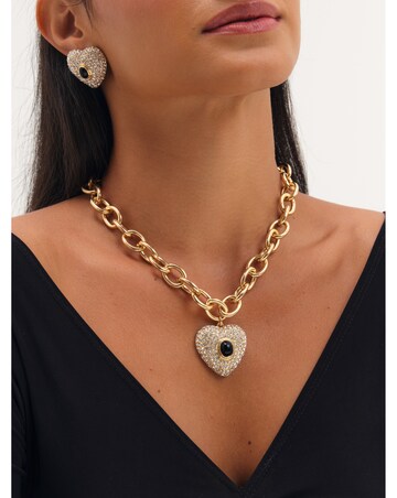 Mood Gold Plated Pave And Jet Stone Heart Chain Necklace
