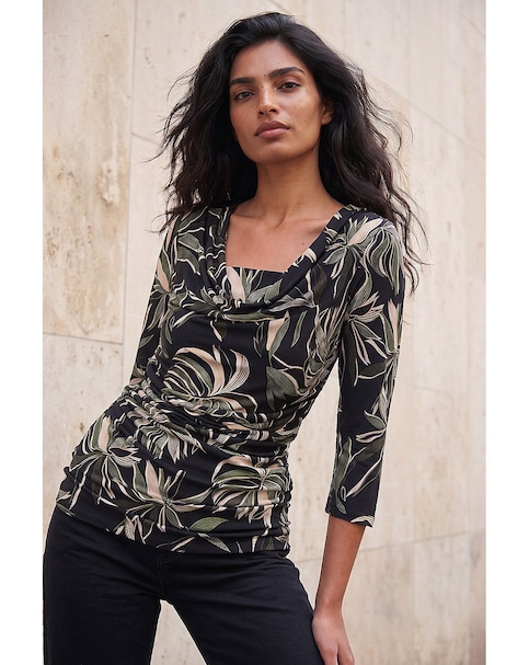 Roman Leaf Print Gathered Cowl Neck Top