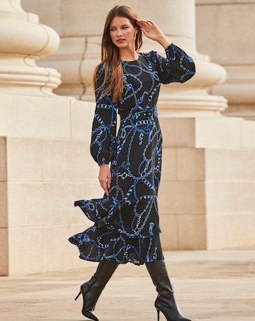 Sosandar Black & Blue Chain Print Ruffle Hem Fit & Flare Dress