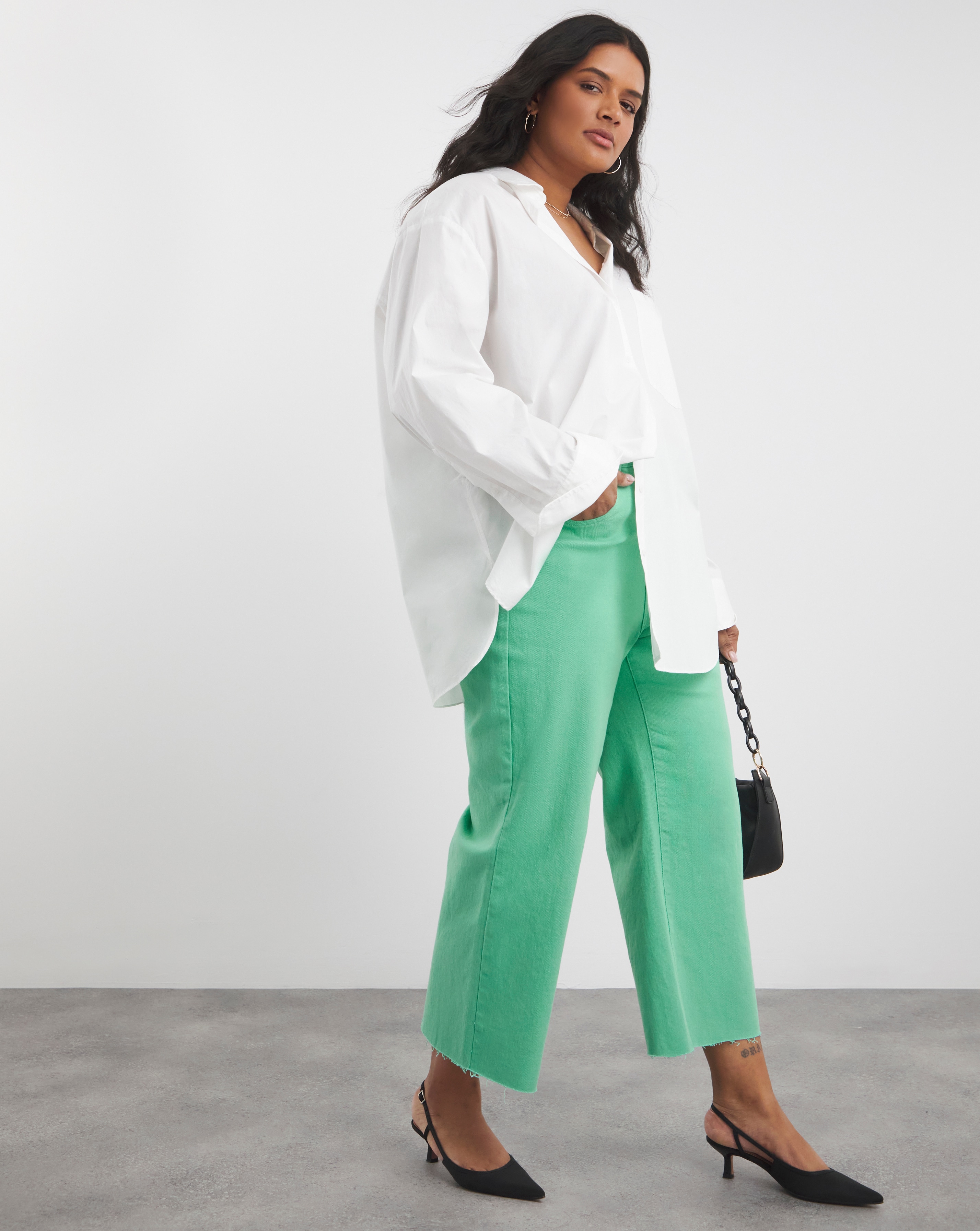 Green Cropped Raw Hem Wide Leg Jean