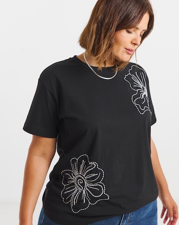 Black Embroidered and Beaded Floral T-Shirt