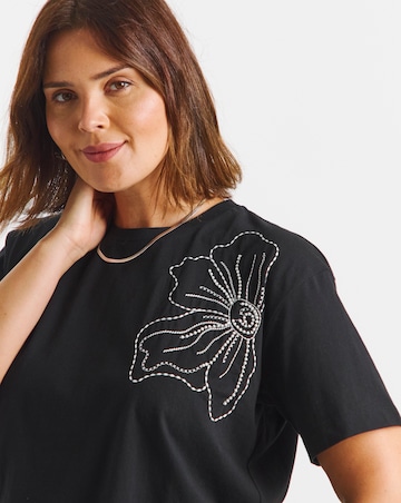 Black Embroidered and Beaded Floral T-Shirt