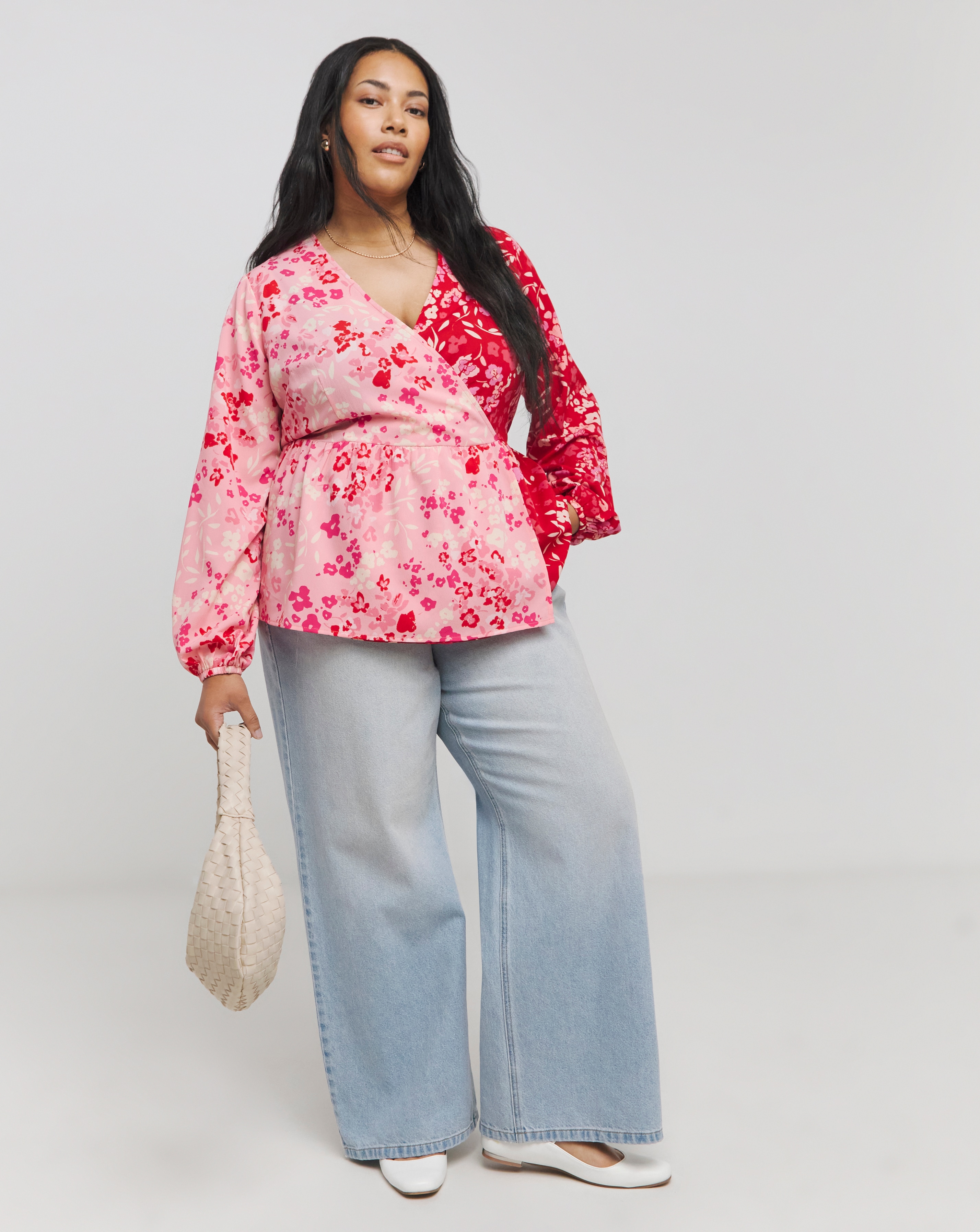 Mixed Print Wrap Peplum Blouse