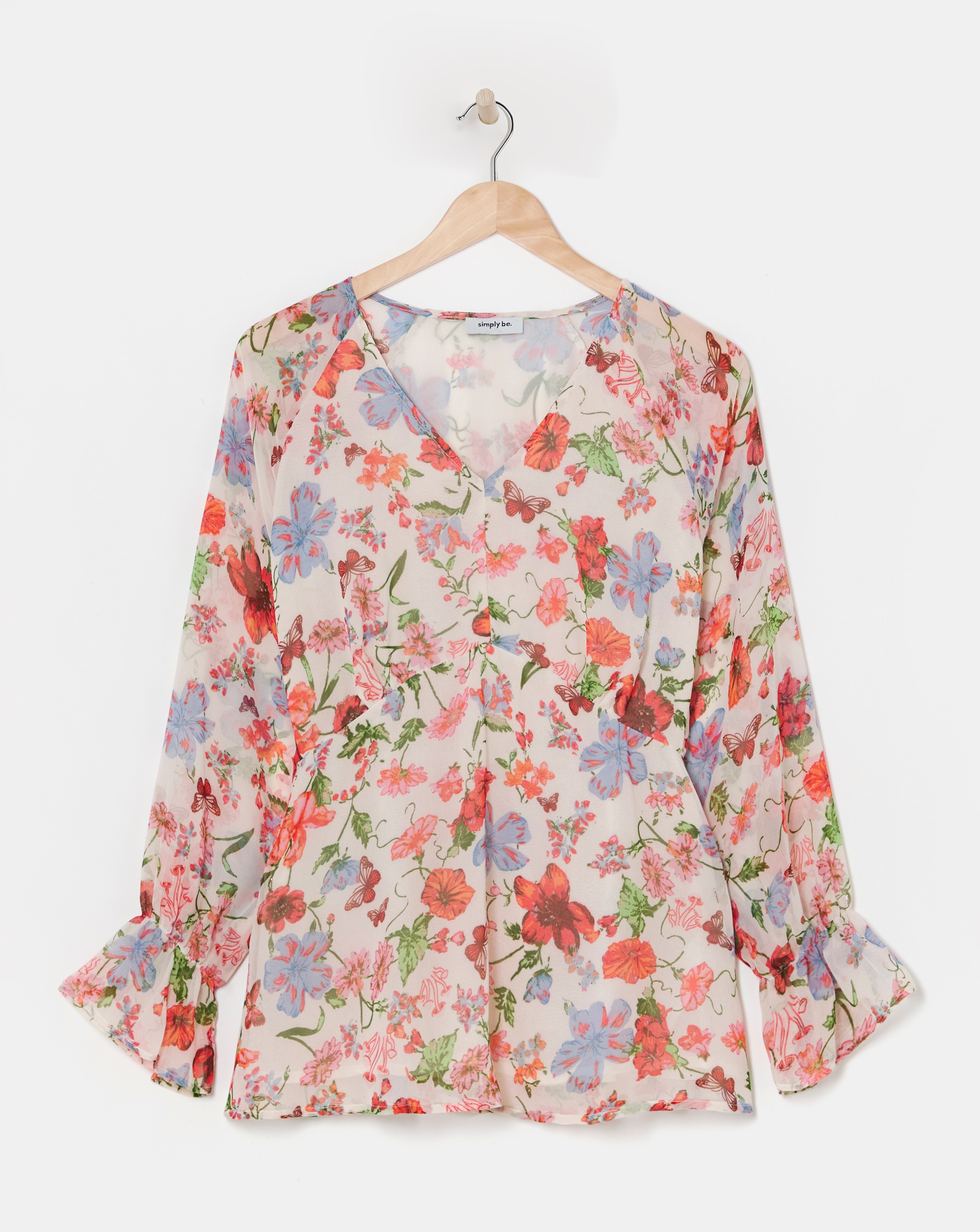 Ivory Floral Print V Neck Chiffon Blouse