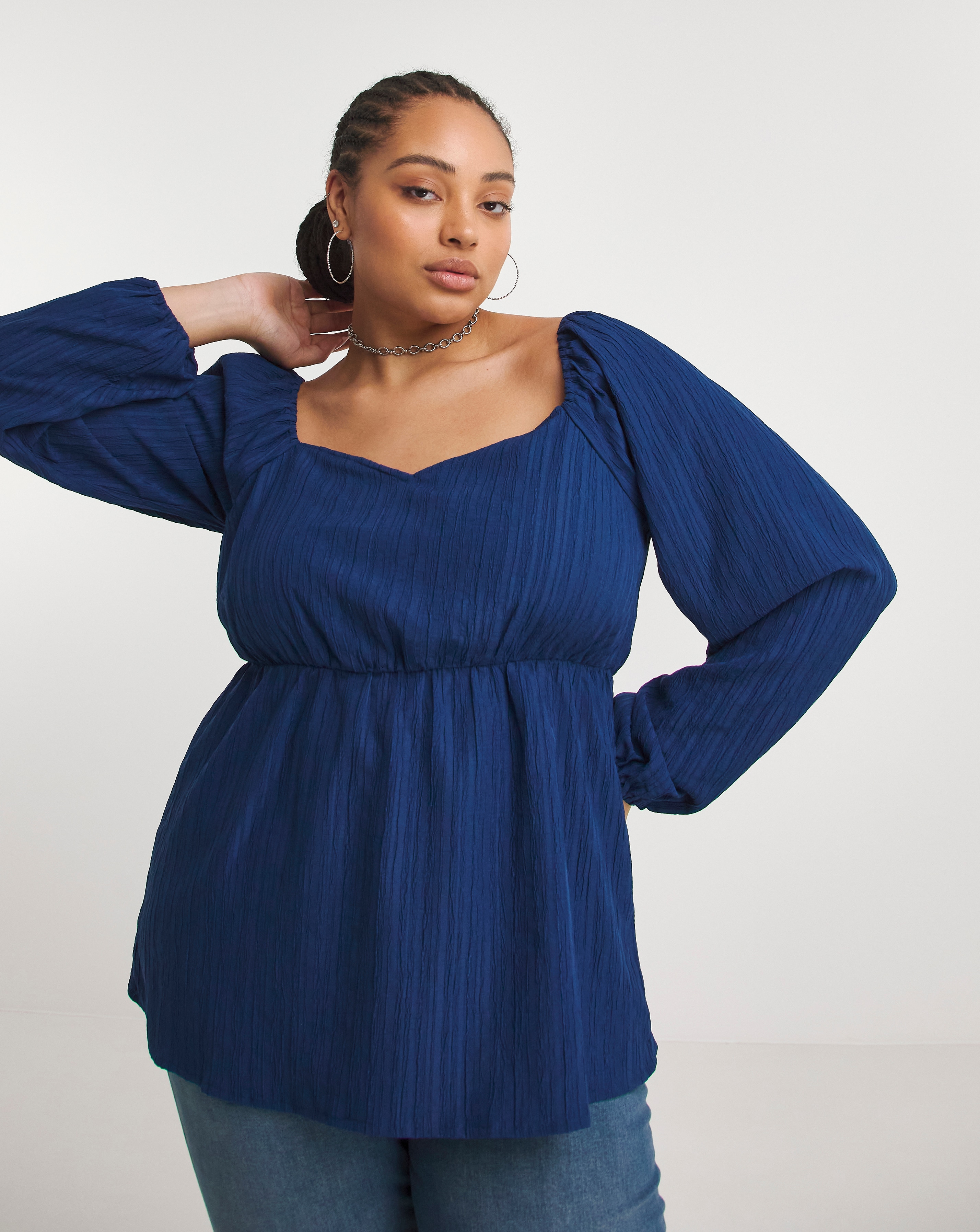 Navy Textured Long Sleeved Blouse