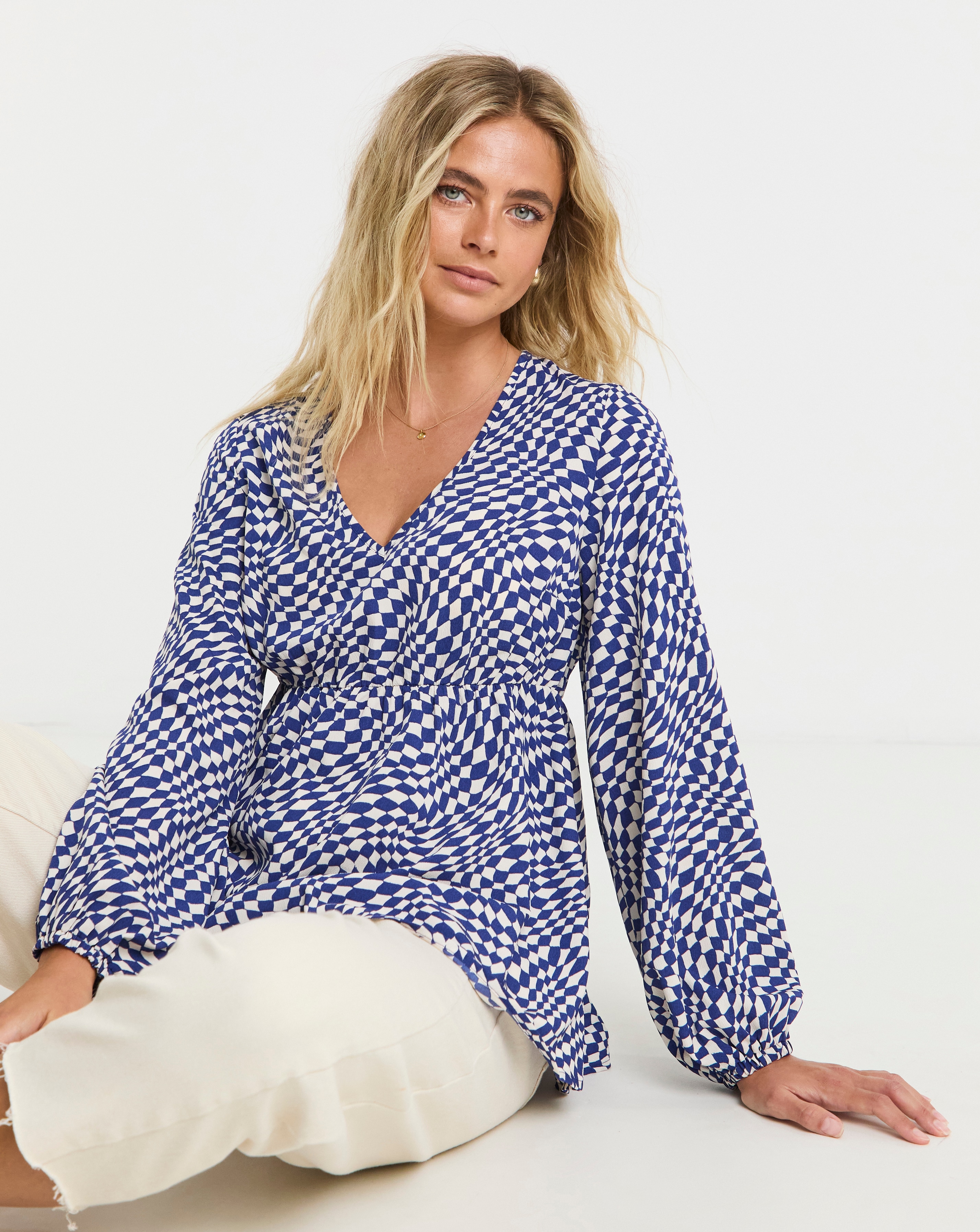 Checkerboard V-Neck Smock Top