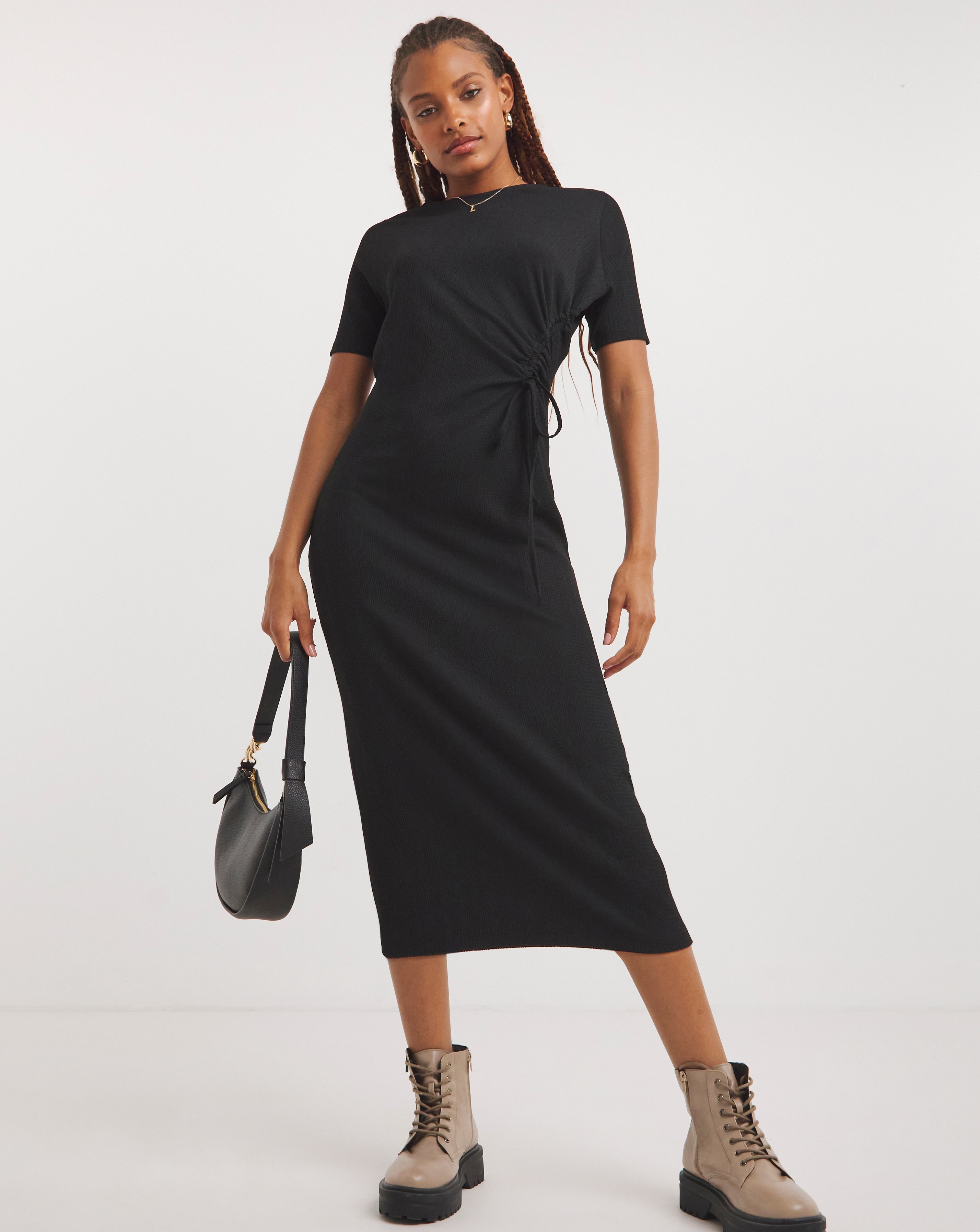 SBE Black Ruched Front Waffle Midi Dress
