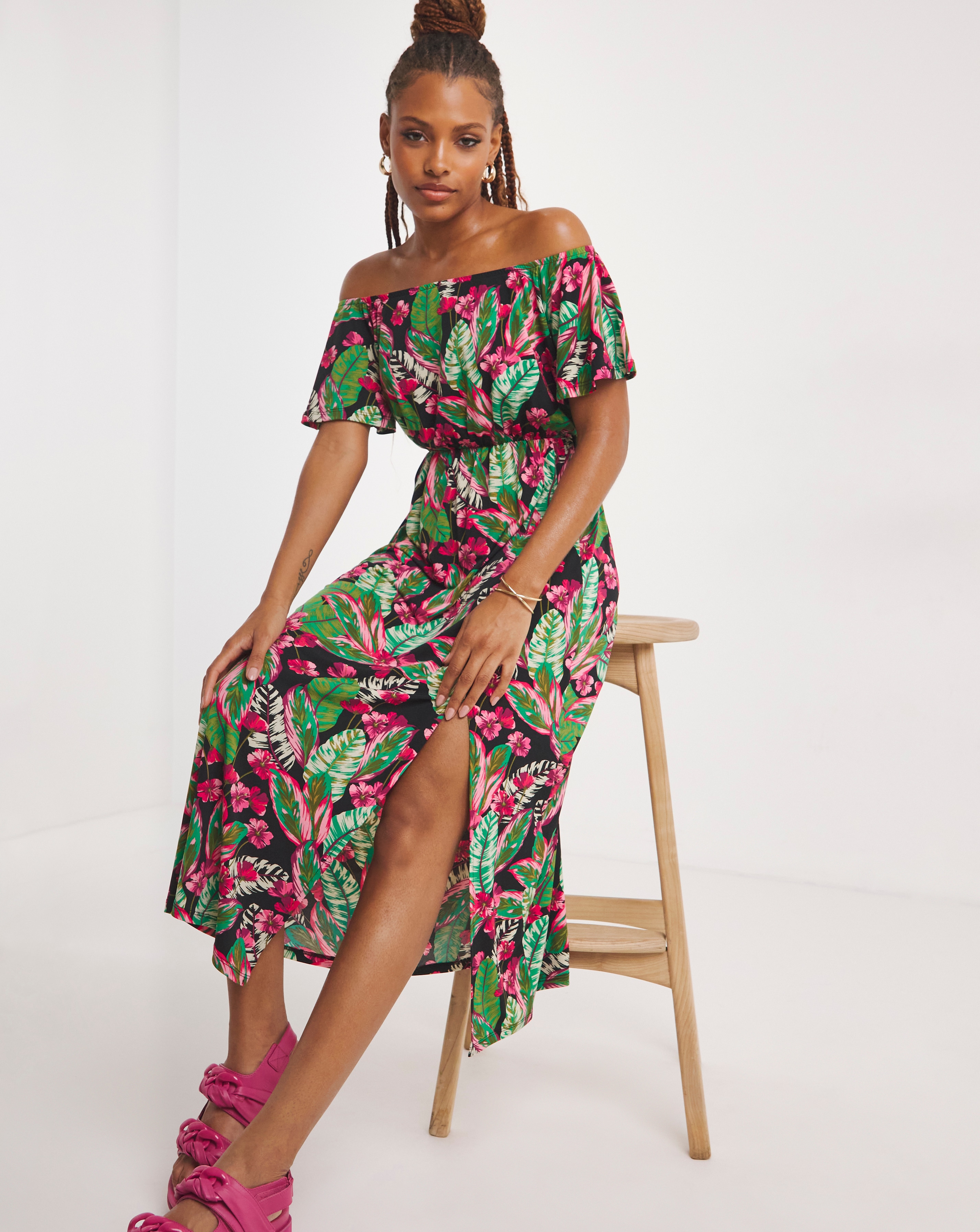 Tropical print bardot clearance scuba dress